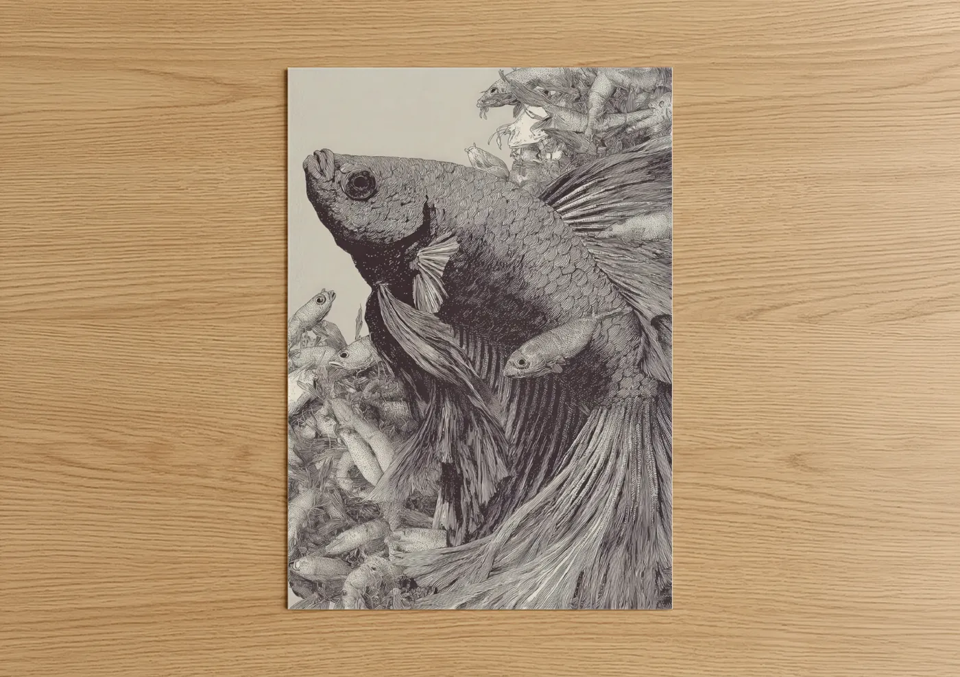 Siamese Fighter Fish Ink Drawing Wall Art