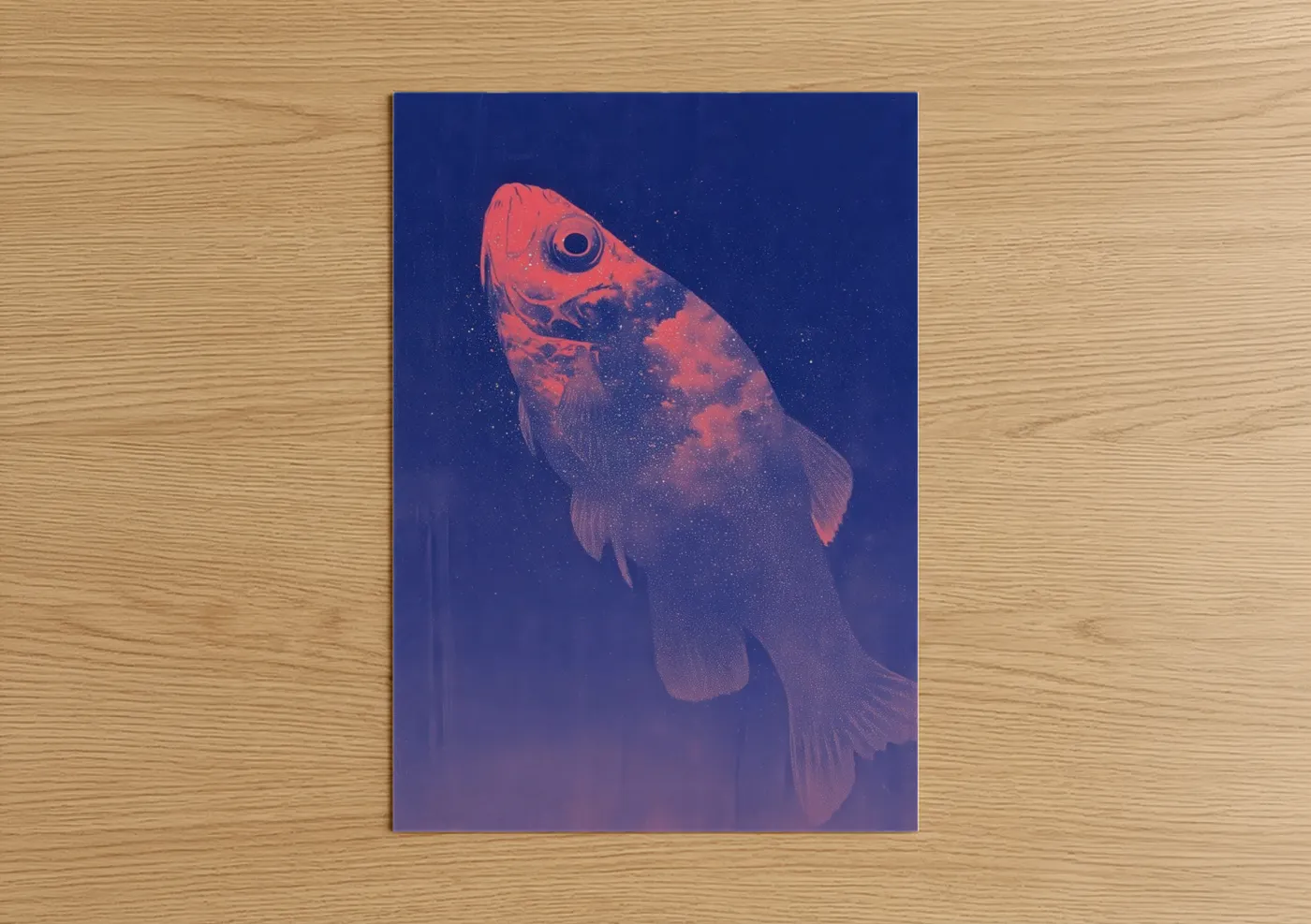 Art print on warm oak wood — blue and salmon pink palette — Crimson Zebrafish poster
