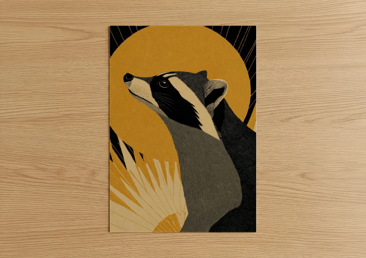 Art print on warm oak wood — gold and black and white palette — Golden Raccoon poster