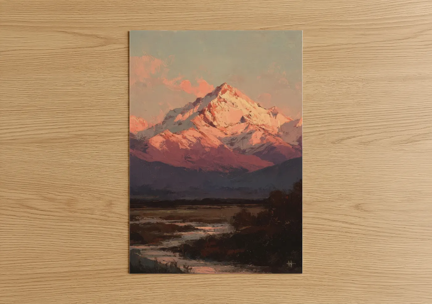 Mount everest art print on warm oak wood — peach and maroon palette — Crimson Everest Dawn poster