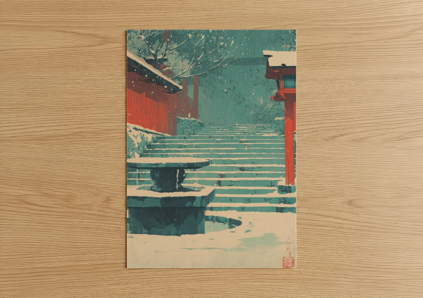 Snowy Temple Staircase Winter Zen Wall Art