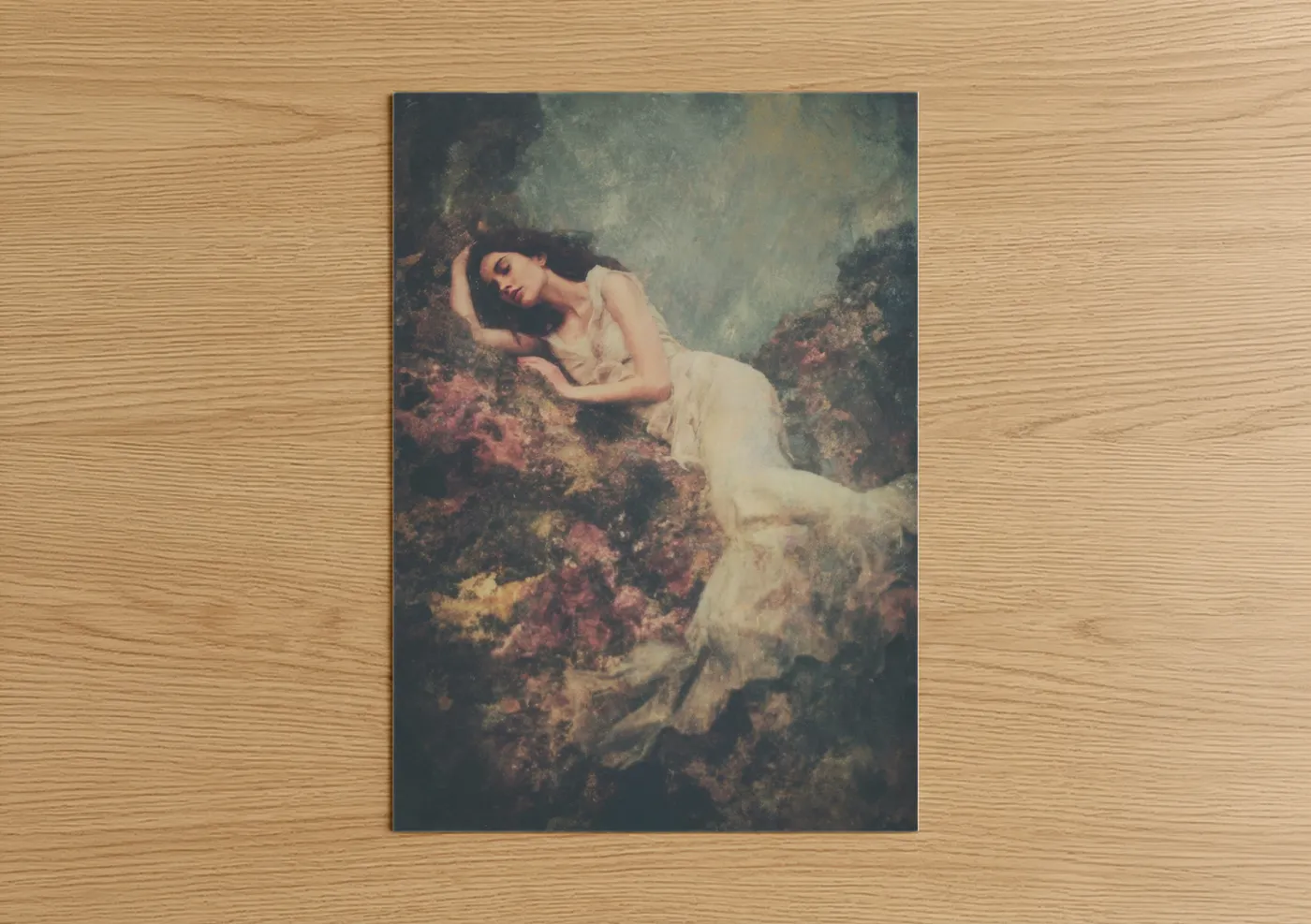 Art print on warm oak wood — cream and russet palette — Dreaming Mermaid poster