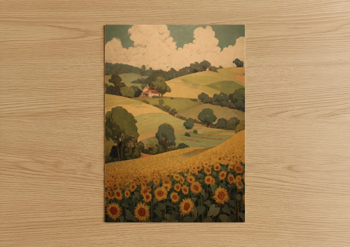 Sunlit Sunflower Field Cottage Landscape Wall Art