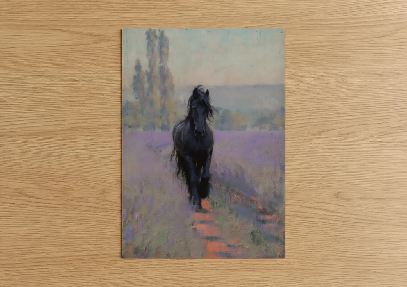 Black Friesian Horse Lavender Field Wall Art