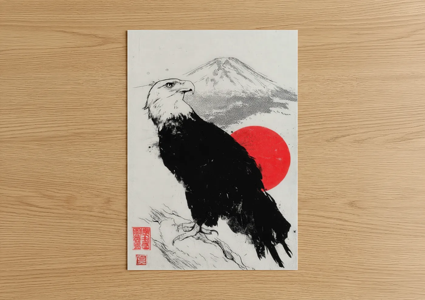 Art print on warm oak wood — black and white and red palette — Mountain Eagle poster