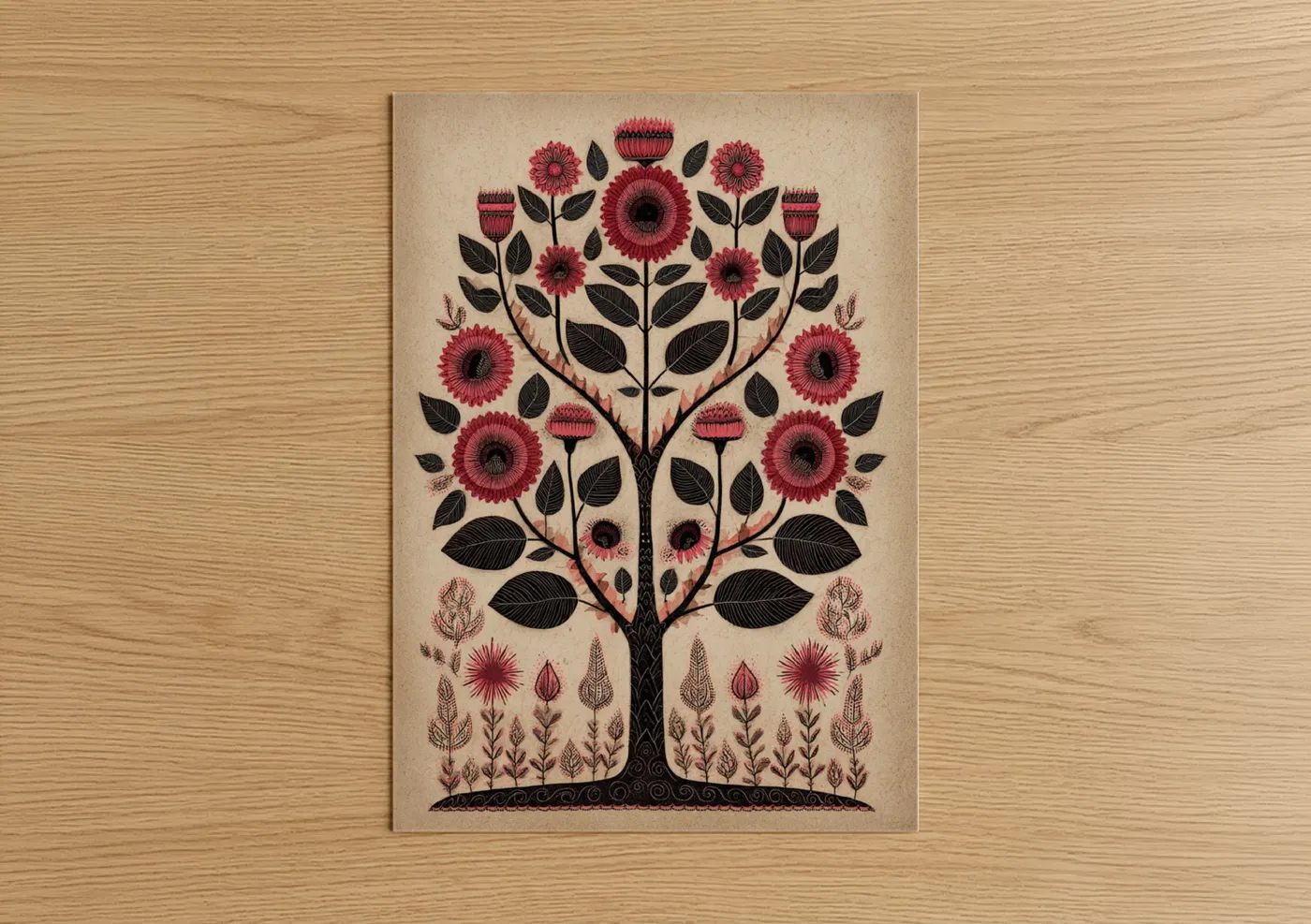 Crimson Bloom Tree Abstract Floral Wall Art