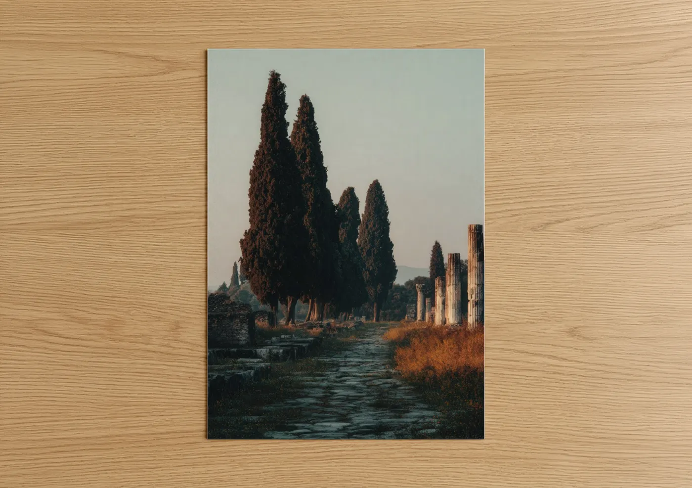 Road and highways art print on warm oak wood — sage green palette — Ancient Ruins Path poster