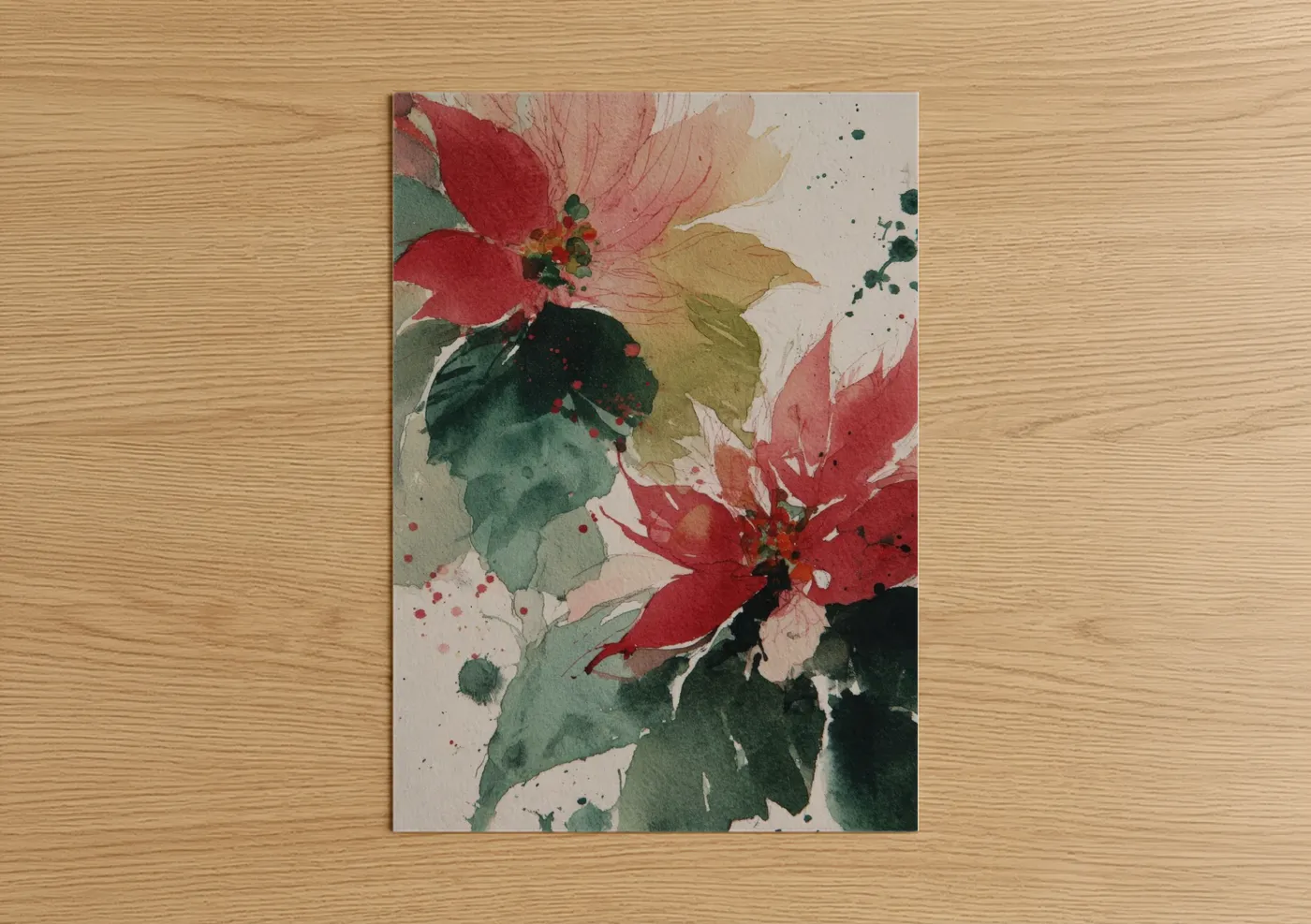 Art print on warm oak wood — red and dark green palette — Crimson Poinsettias poster