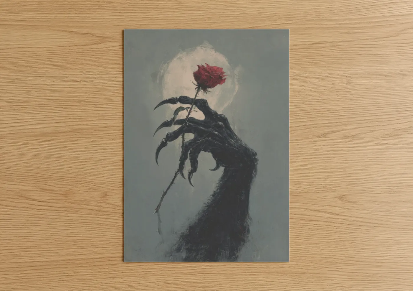 Art print on warm oak wood — black and gray palette — Moonlit Werewolf poster