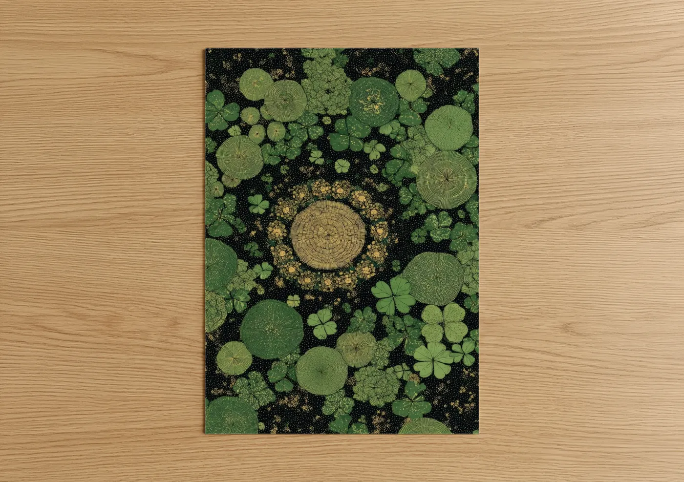 St. patrick's day art print on warm oak wood — green and gold palette — Golden Clover Mandala poster