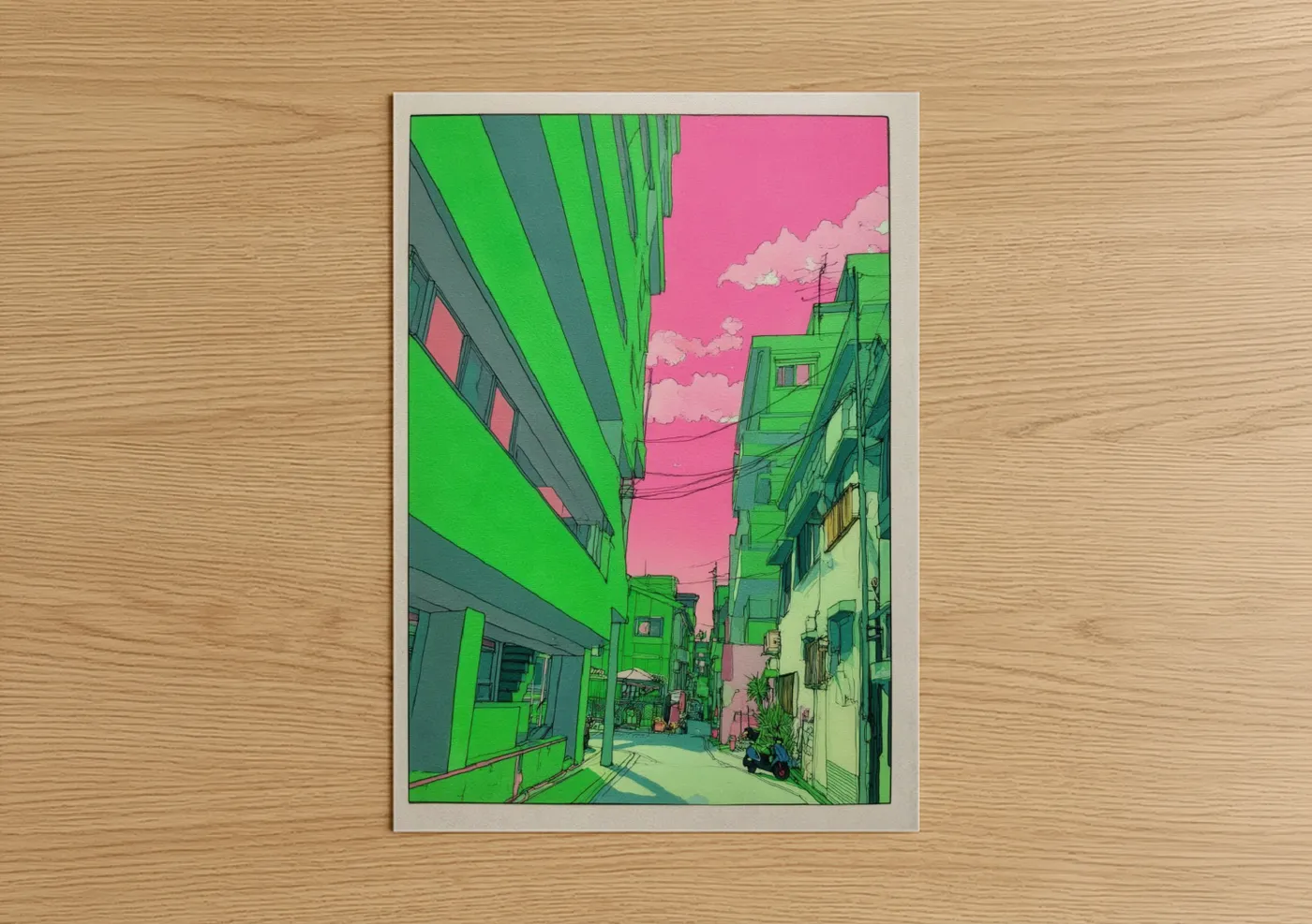 Neon Urban Street Architecture Illustration Wall Art