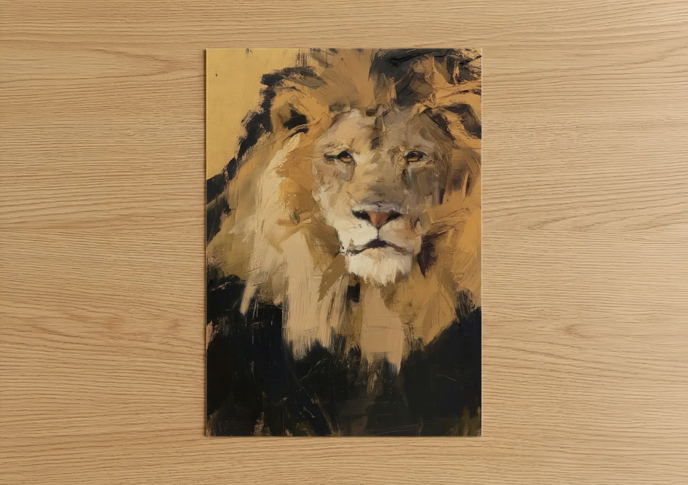 Art print on warm oak wood — gold and black palette — Golden Lion Portrait poster