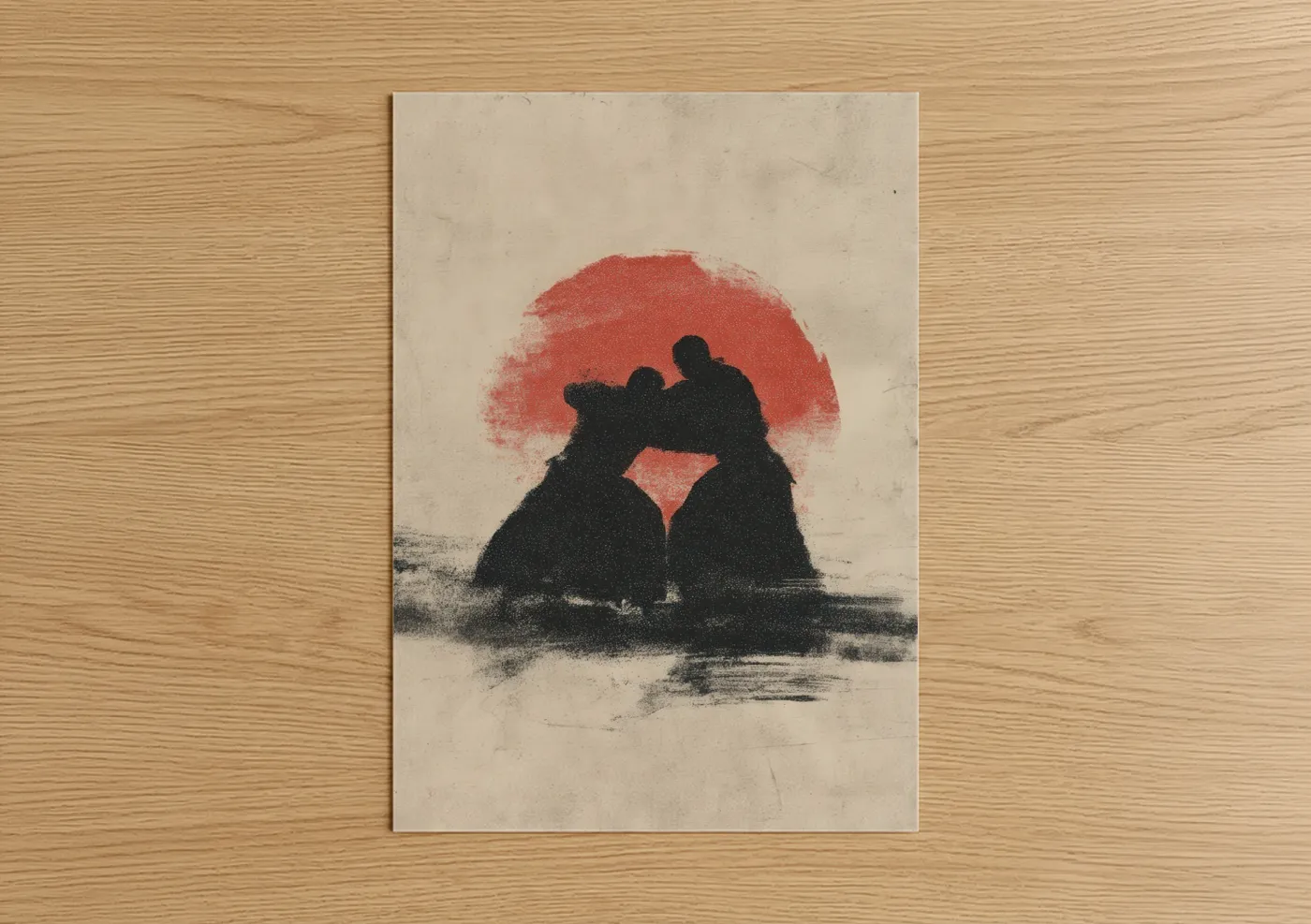 Art print on warm oak wood — red and black palette — Aikido Embrace poster