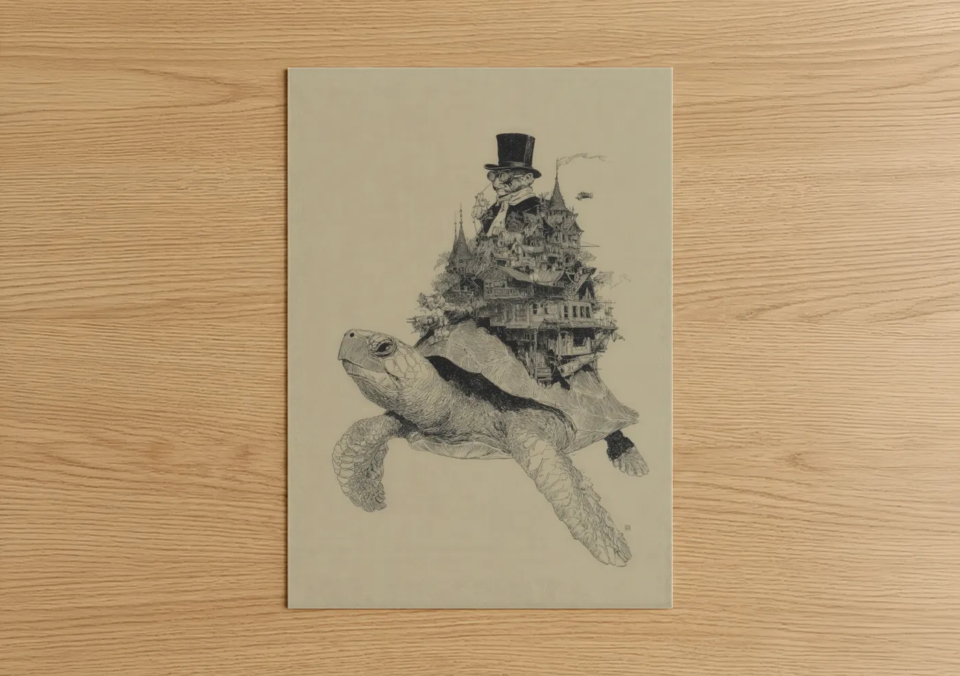 Steampunk Turtle with Castle Illustration Wall Art