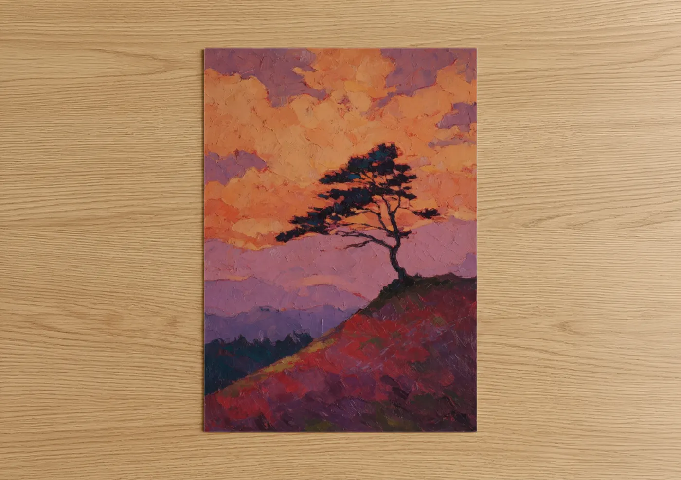 Kauri tree art print on warm oak wood — orange and purple palette — Sunset Kauri poster