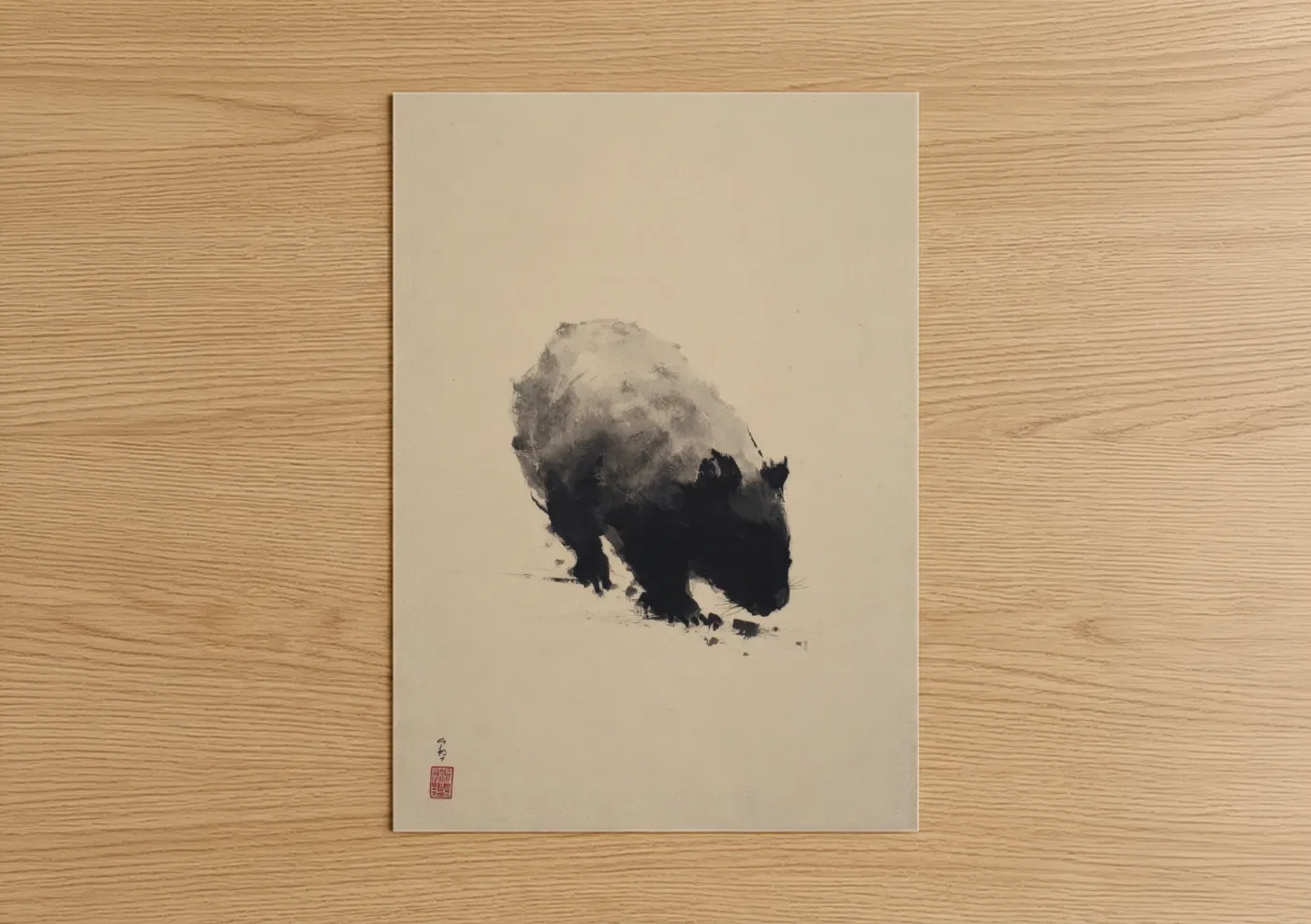 Art print on warm oak wood — black and white and beige palette — Misty Wombat poster