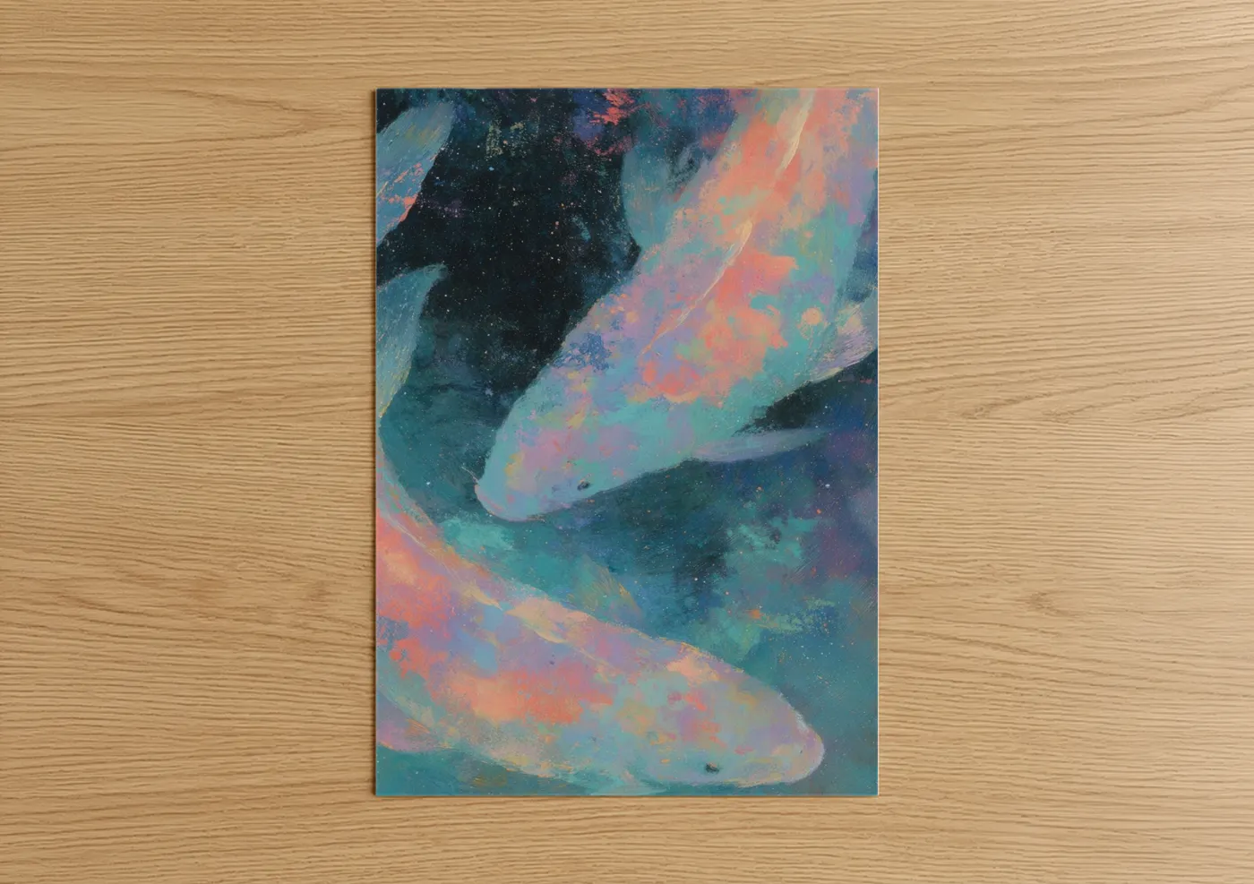 Art print on warm oak wood — teal and salmon pink palette — Cosmic Pisces poster
