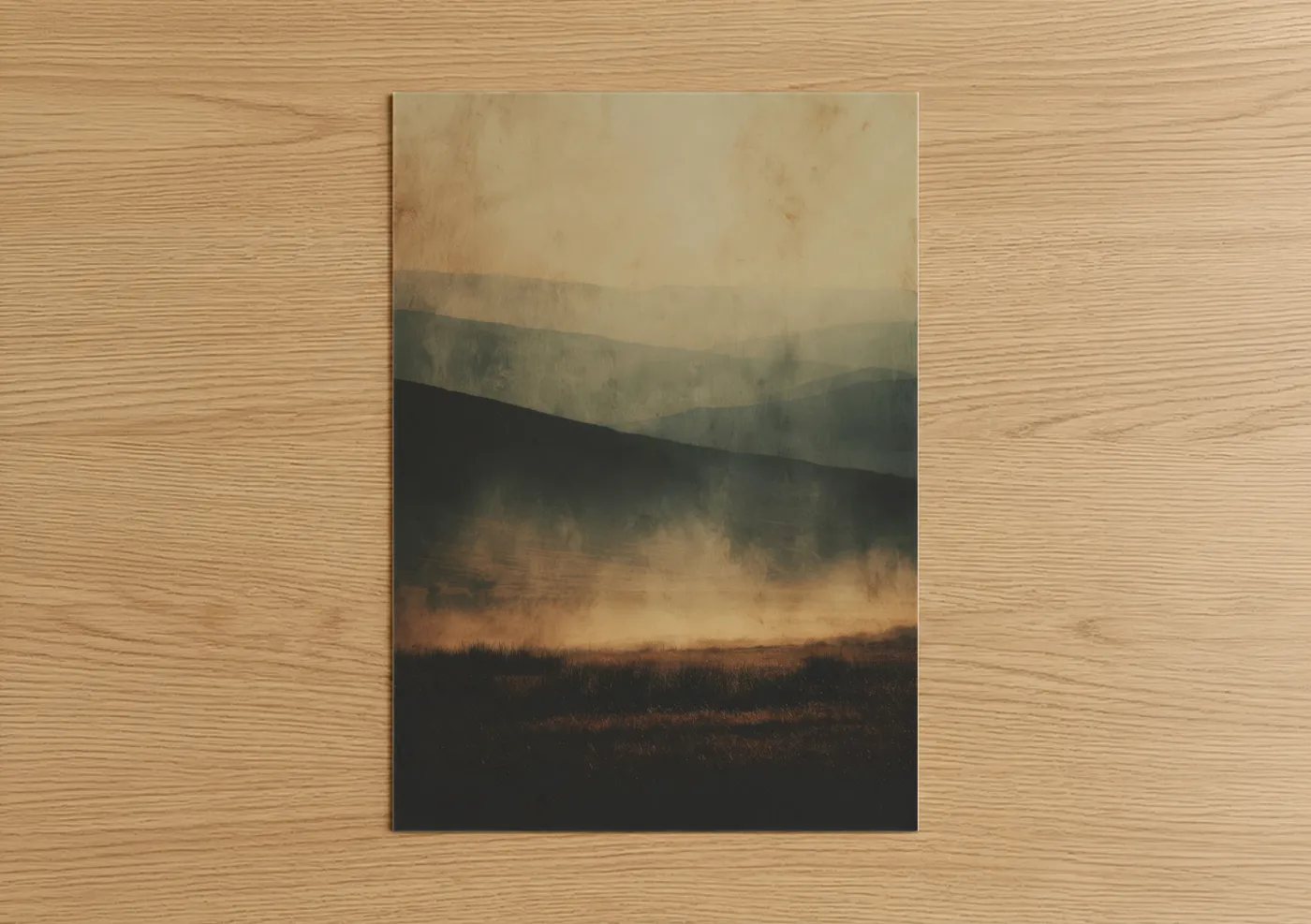 Art print on warm oak wood — beige and sage green palette — Misty Morning Layers poster