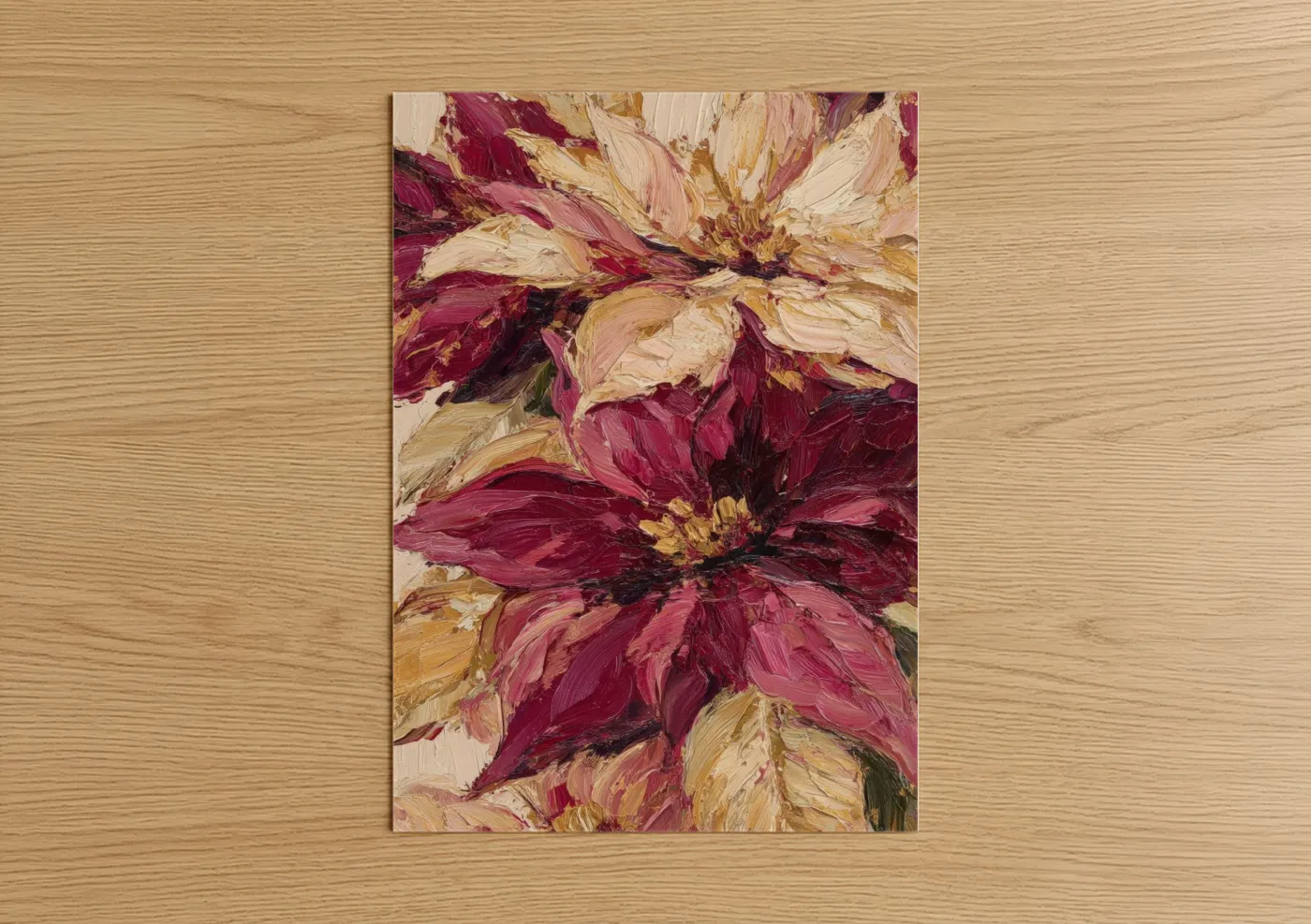 Crimson Poinsettia Blooms Oil Painting Wall Art
