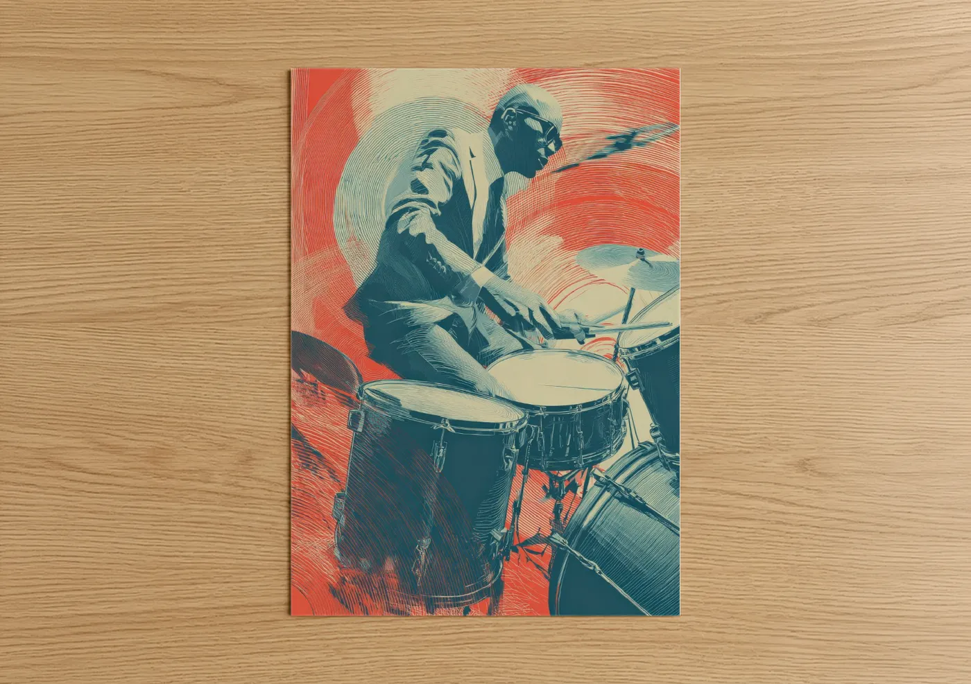 Musician art print on warm oak wood — red and teal palette — Passionate Drummer poster