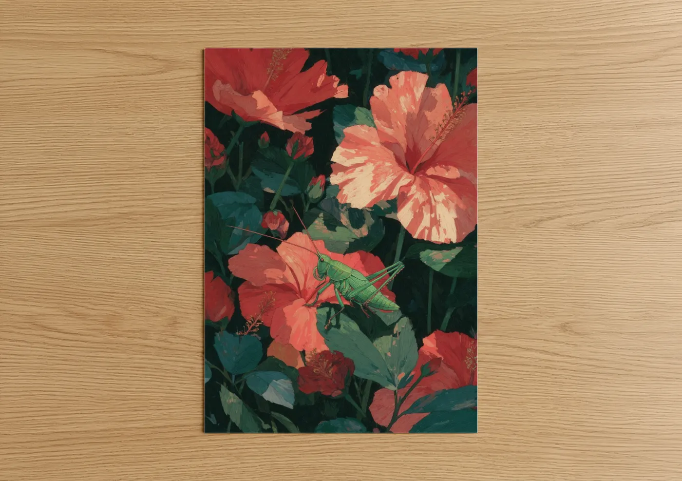 Hibiscus Grasshopper Nature Illustration Wall Art