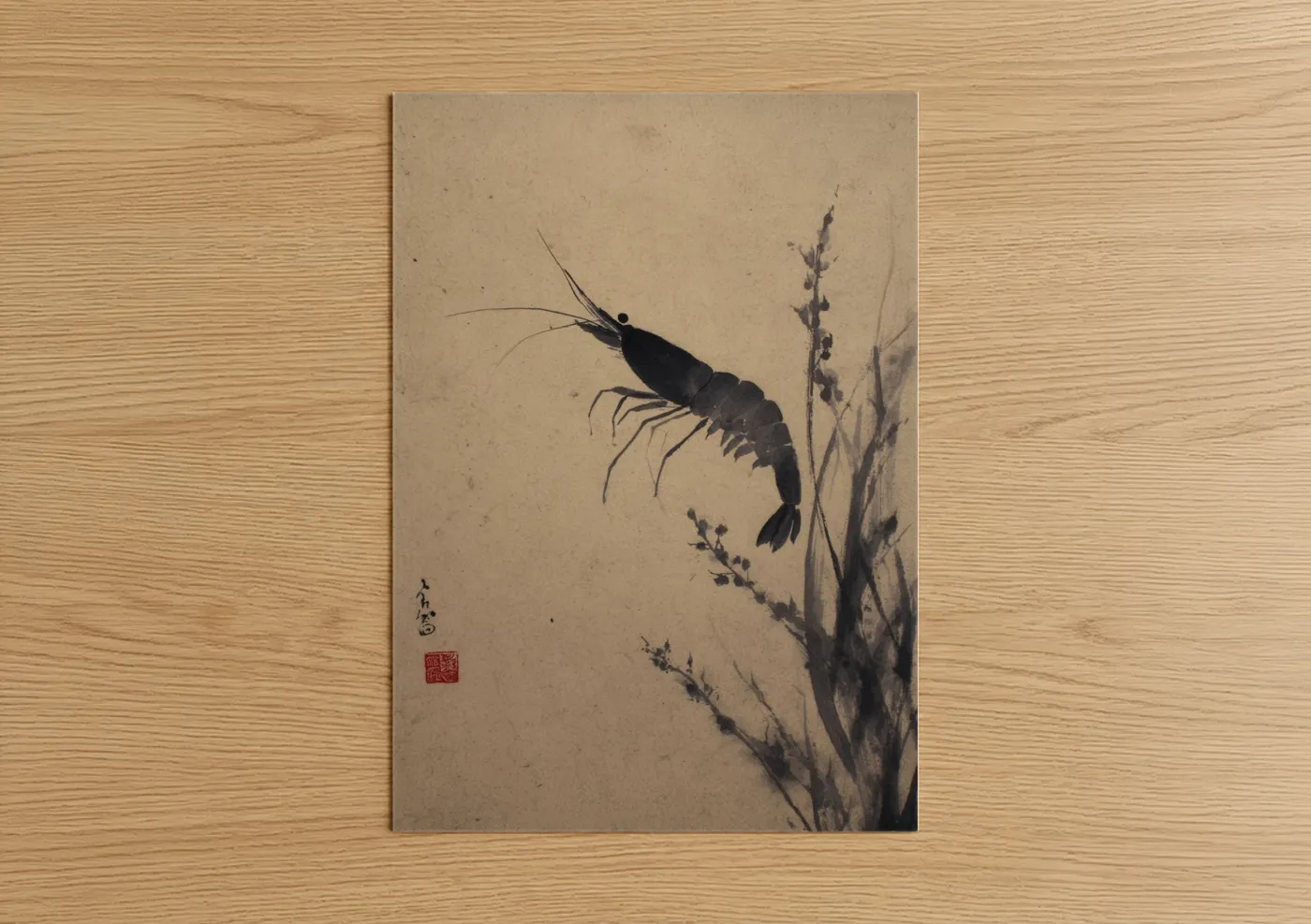 Art print on warm oak wood — black and beige palette — Minimalist Shrimp poster