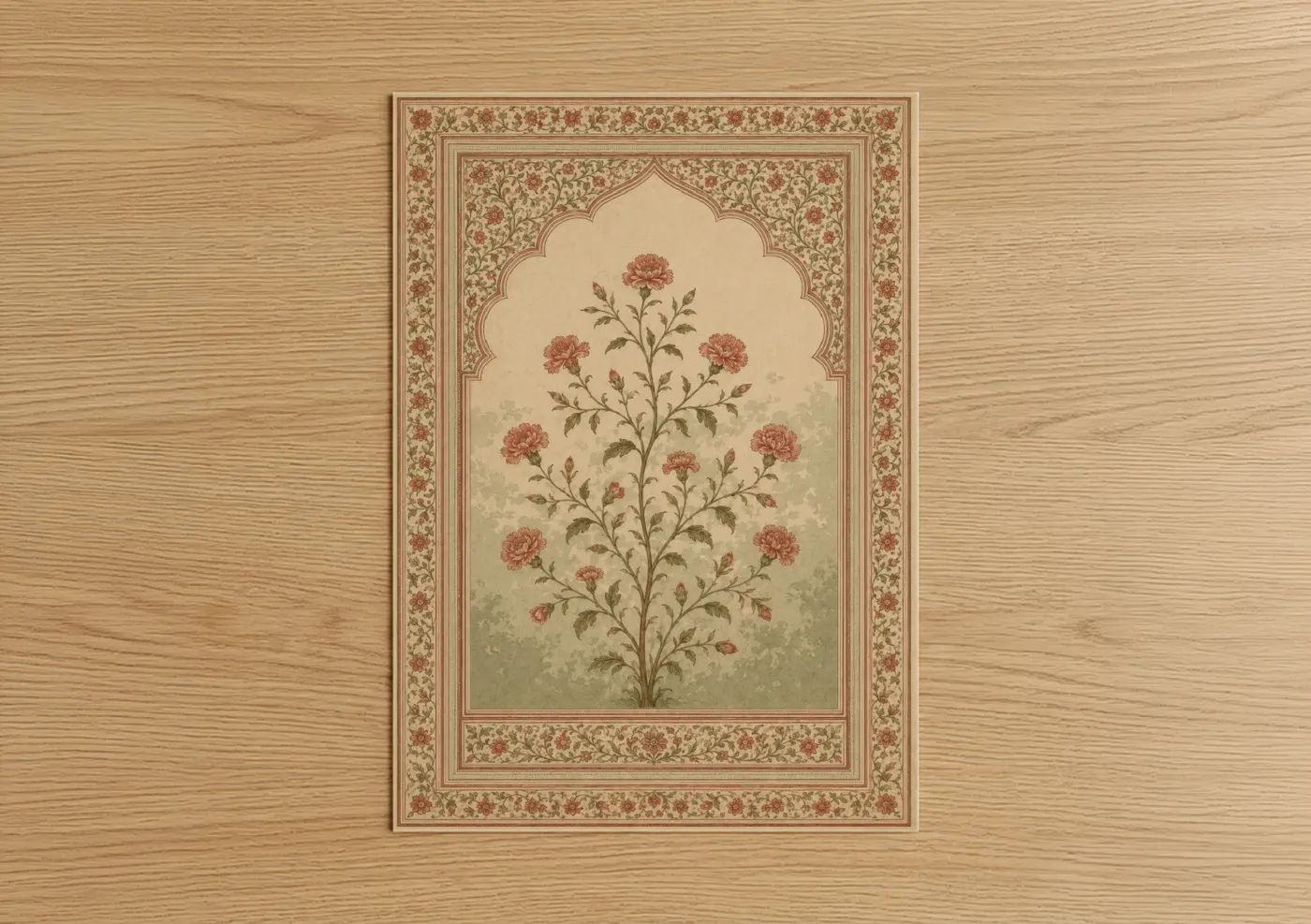 Flower art print on warm oak wood — beige and salmon pink palette — Persian Floral Botanical Wall Art poster