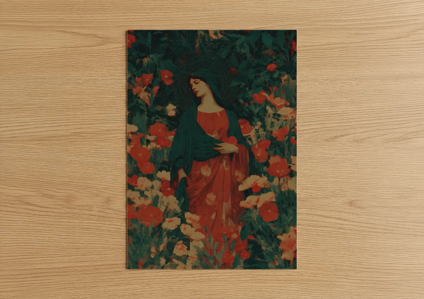 Mary magdalena art print on warm oak wood — red and dark green palette — Magdalena Among Poppies poster