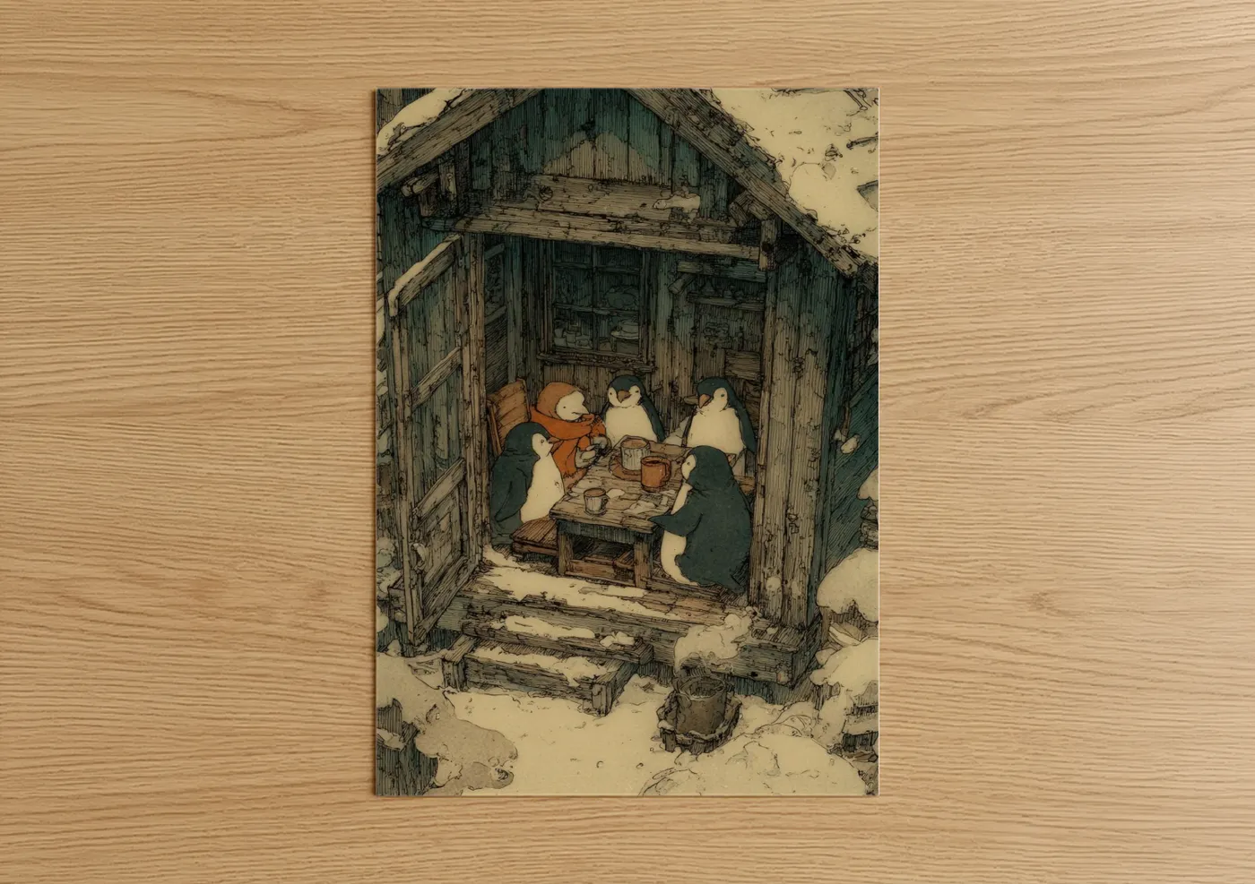 Art print on warm oak wood — cream and dark green palette — Cozy Penguin Gathering poster