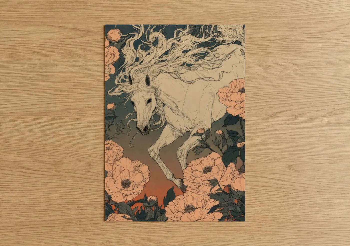 Andalusian horse art print on warm oak wood — peach and teal palette — Floral Andalusian poster