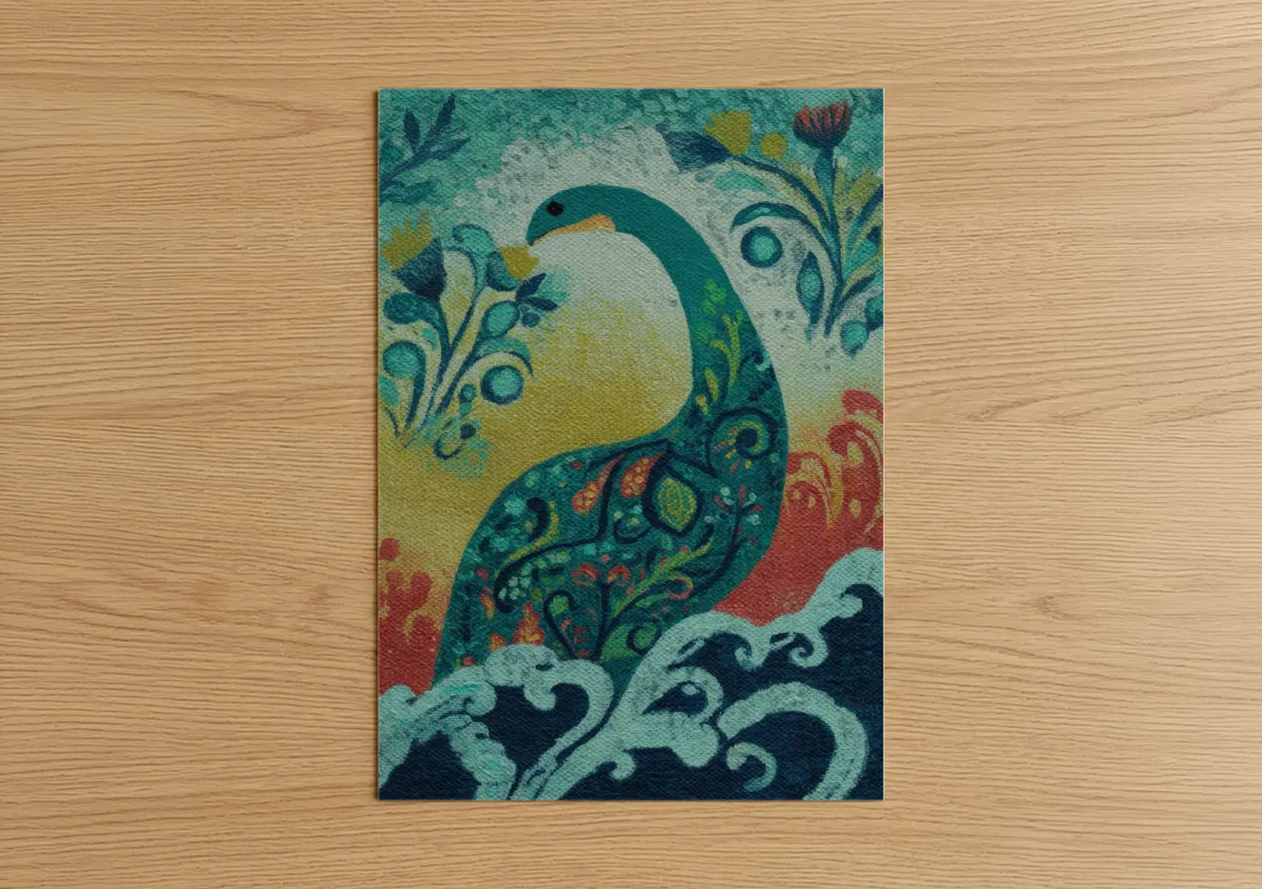 Loch ness monster art print on warm oak wood — teal and gold palette — Emerald Serpent poster