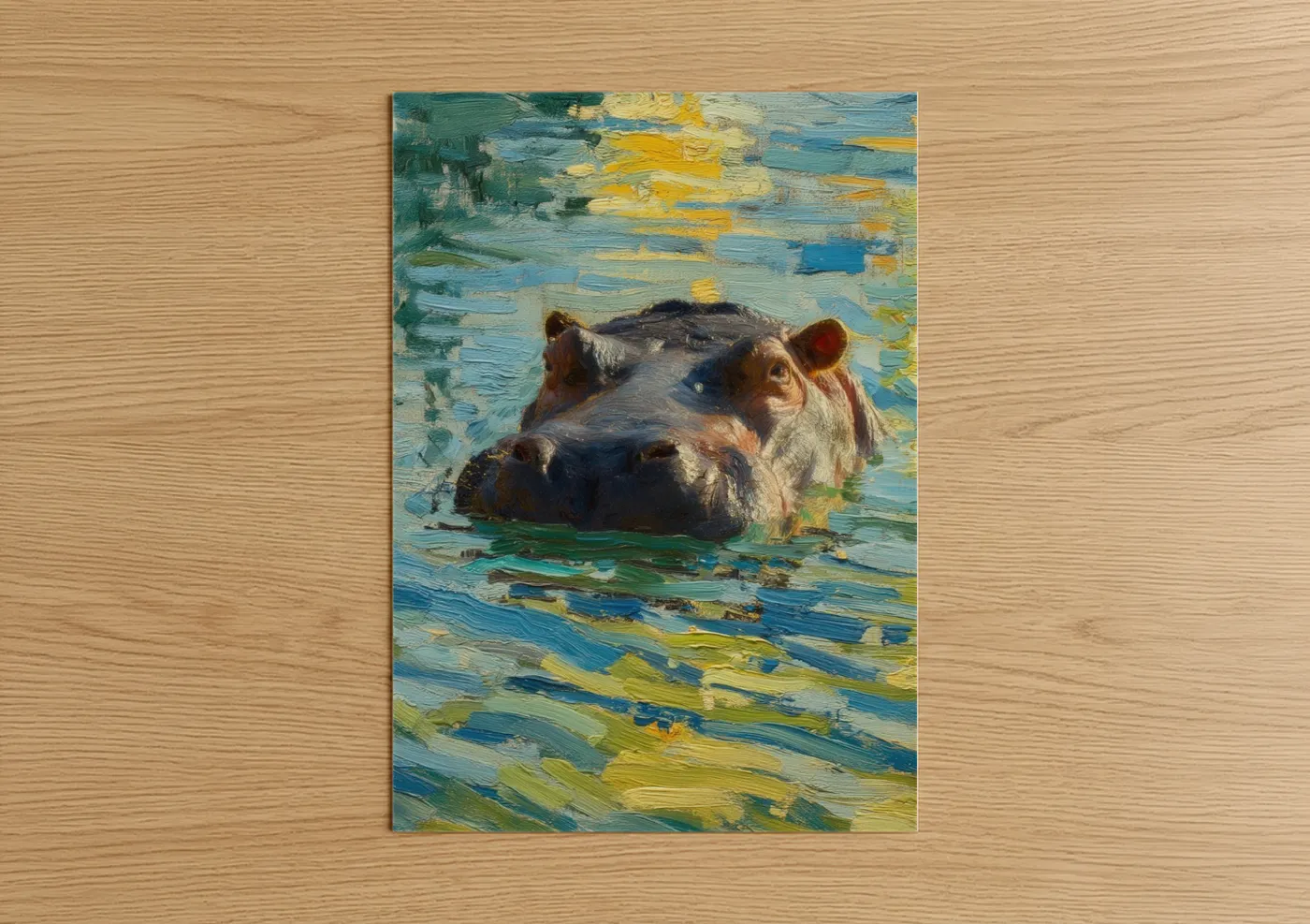 Art print on warm oak wood — blue and gold and true green palette — Sunrise Hippo poster