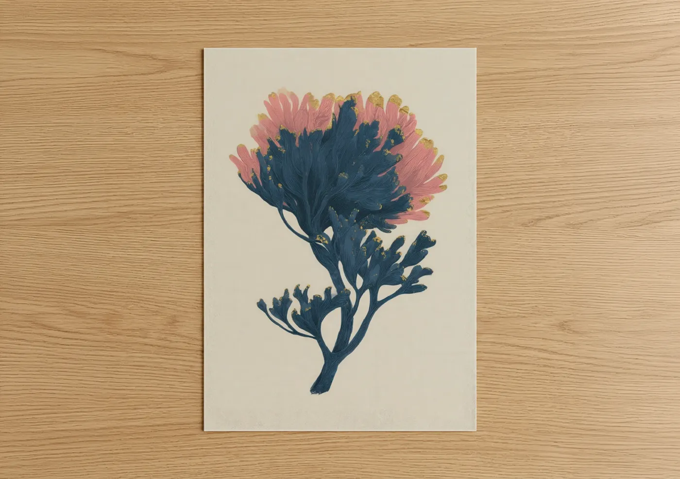 Sea anemone art print on warm oak wood — pink palette — Midnight Anemone poster