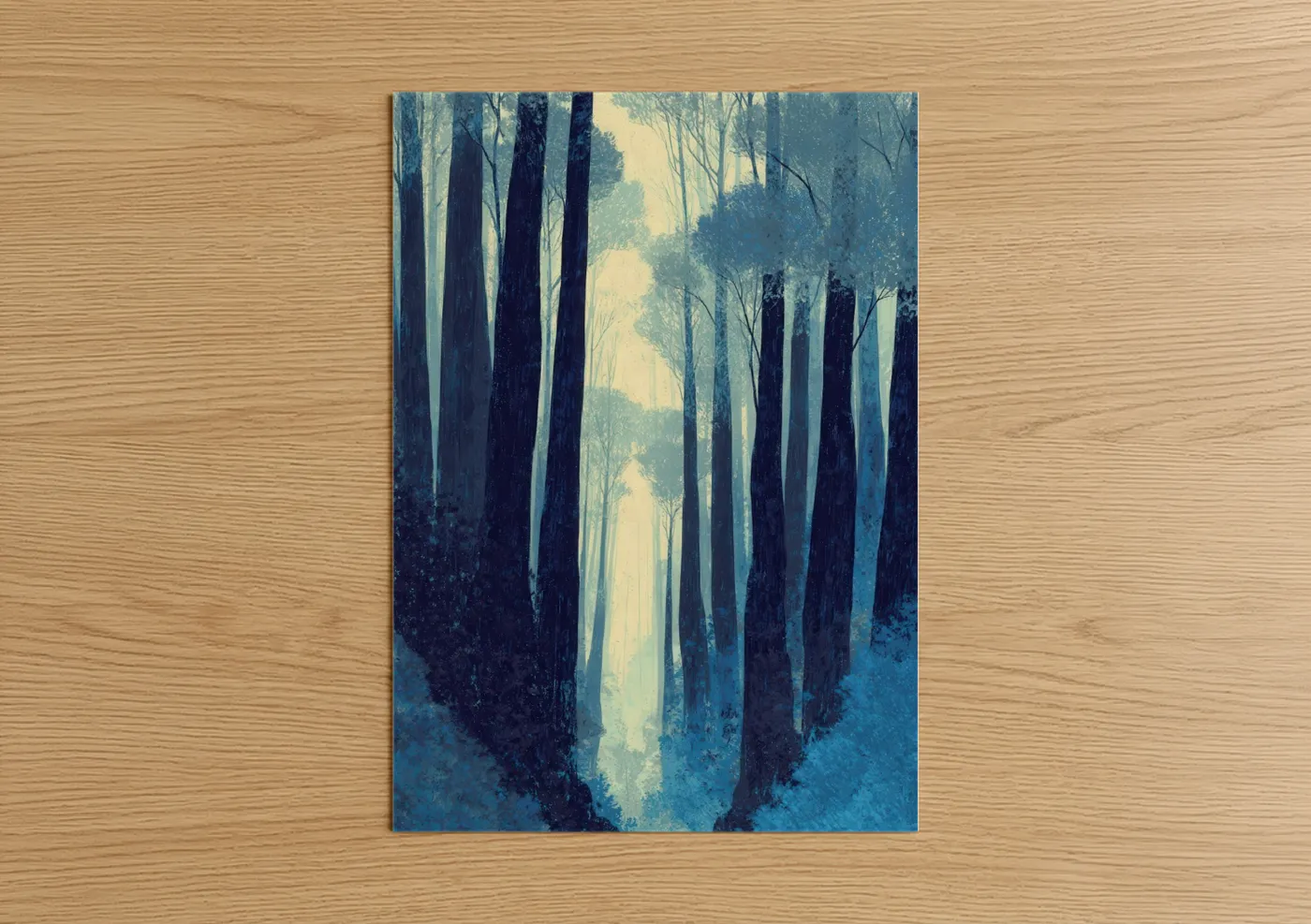 Art print on warm oak wood — blue and gold and gray and white palette — Misty Cedar Forest poster