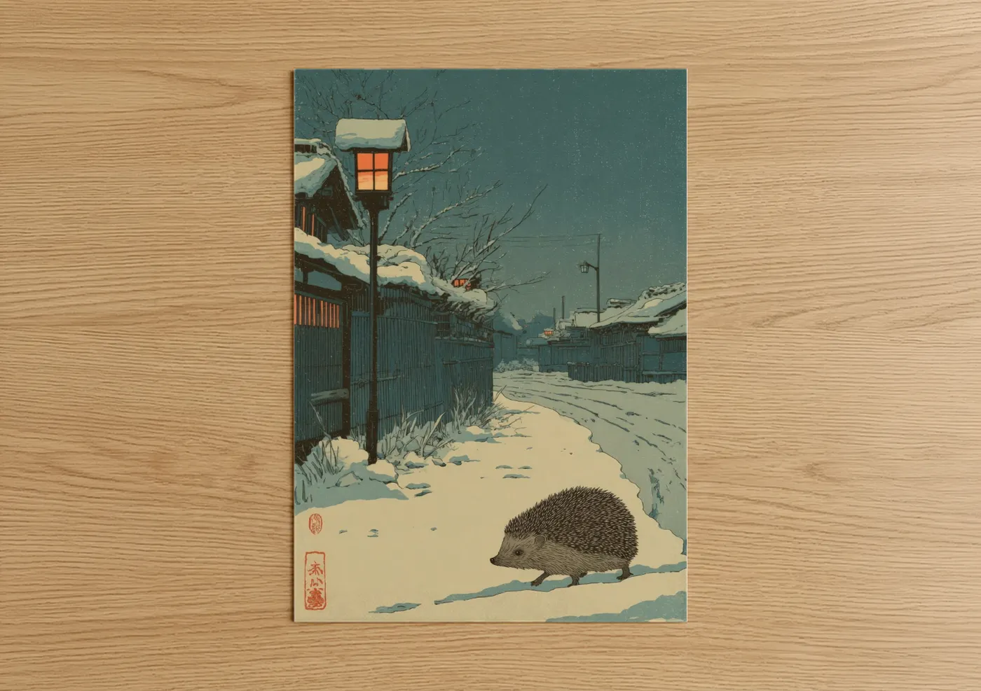 Art print on warm oak wood — teal and cream palette — Snowy Evening Hedgehog poster