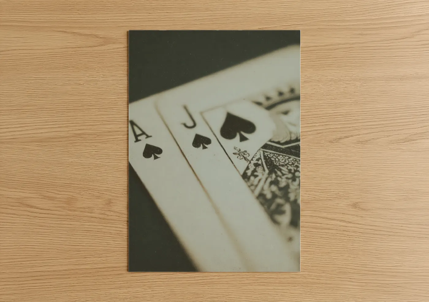 Card game art print on warm oak wood — black and white and cream palette — Royal Flush Spades poster