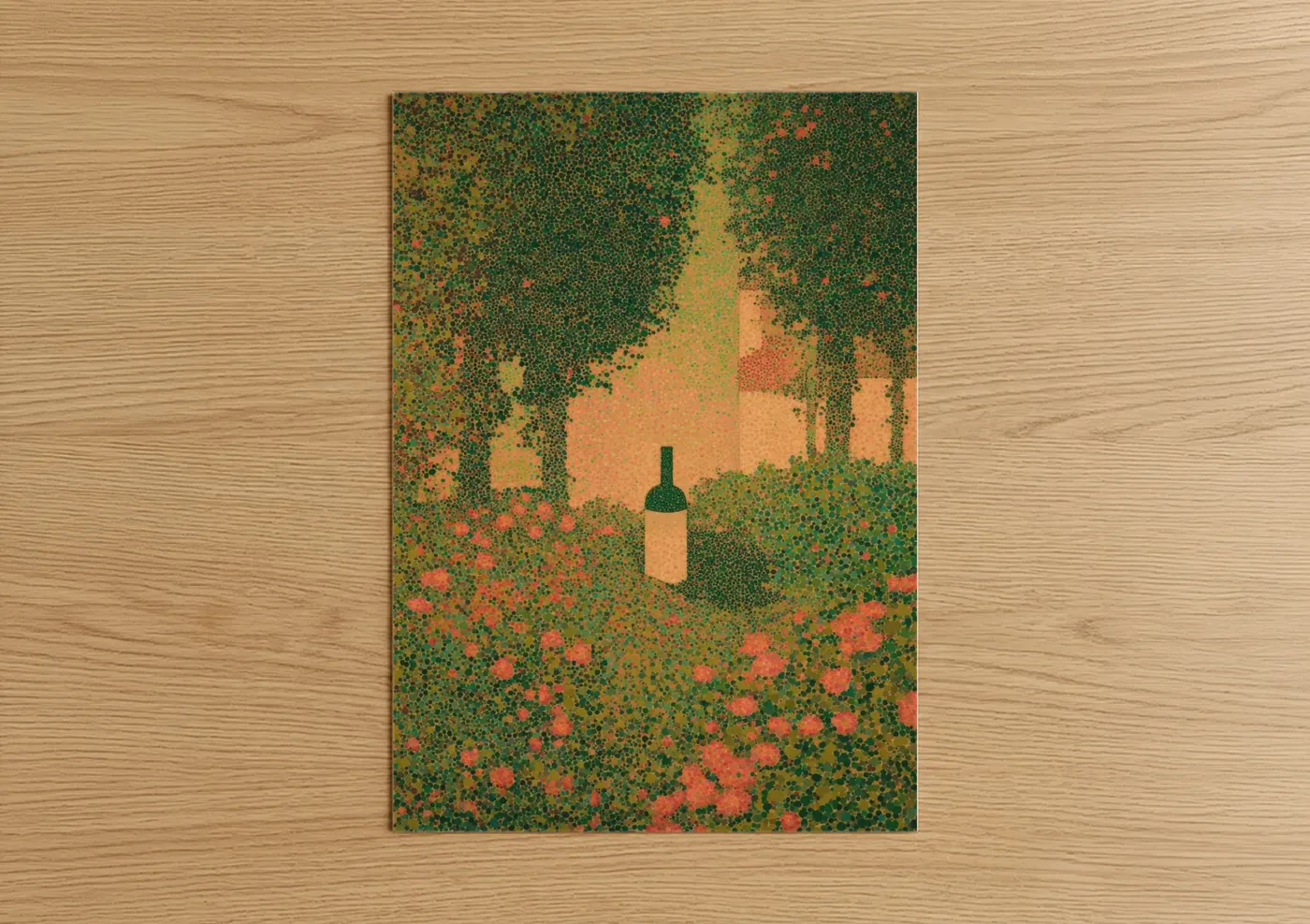 Rose wine art print on warm oak wood — gold and true green palette — Vineyard Romance poster