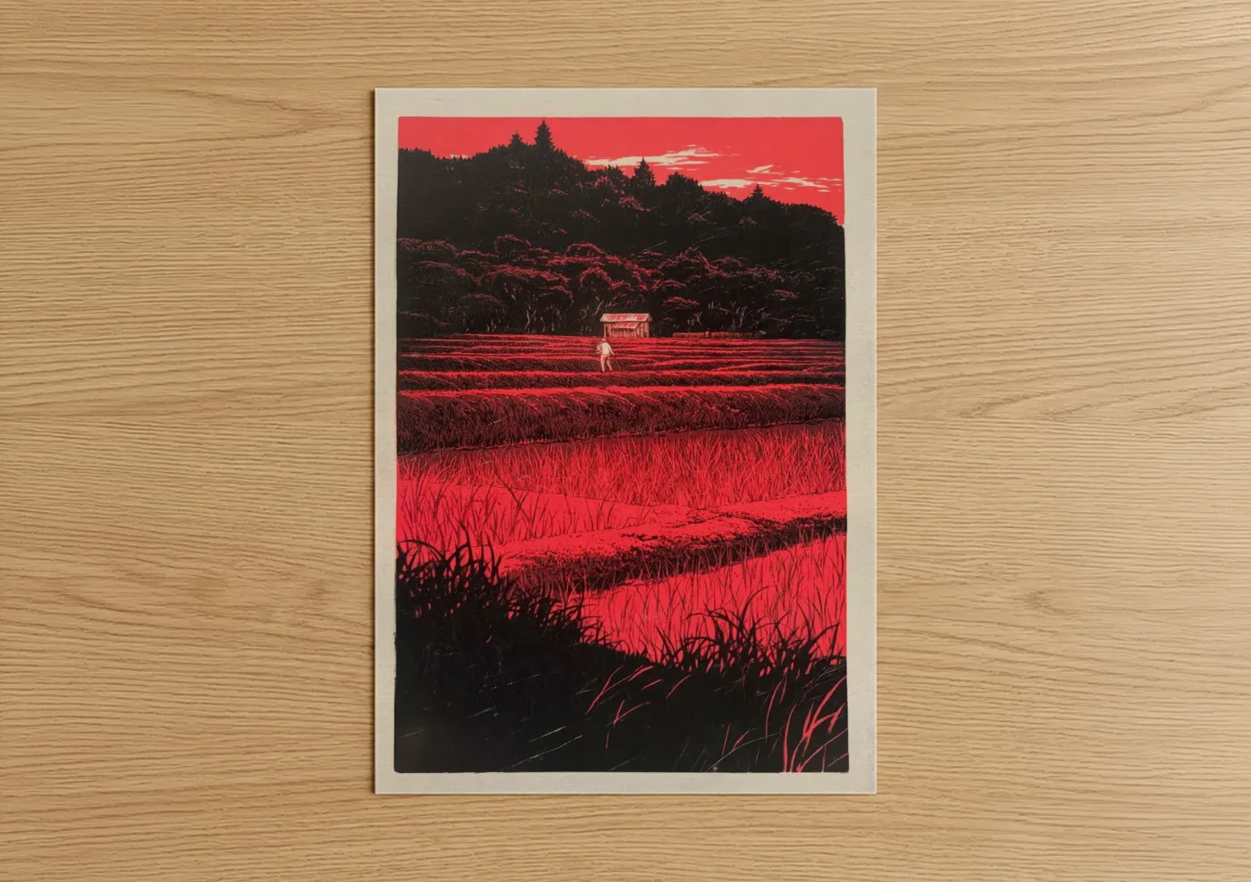 Red Sunset Rural Landscape with Barn Wall Art