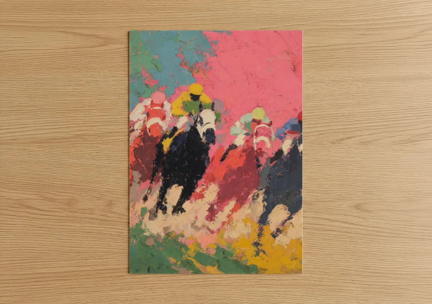 Horse racing art print on warm oak wood — pink and yellow gold palette — Racing Impressions poster
