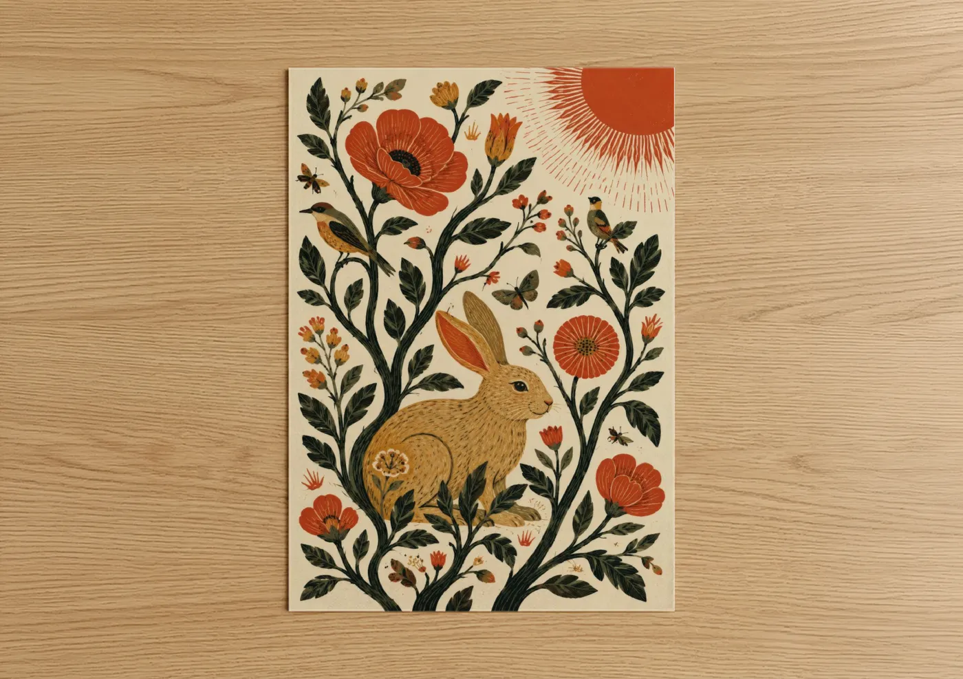 Art print on warm oak wood — orange and beige palette — Folk Rabbit Garden Wall Art poster