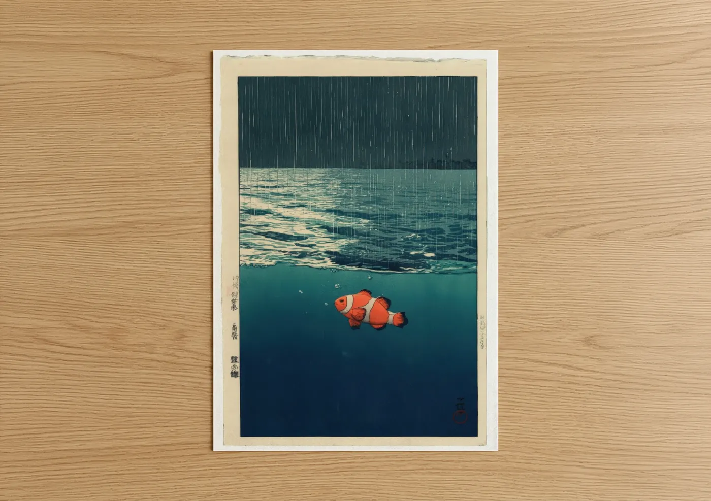 Clown Fish Rain Japanese Woodblock Wall Art