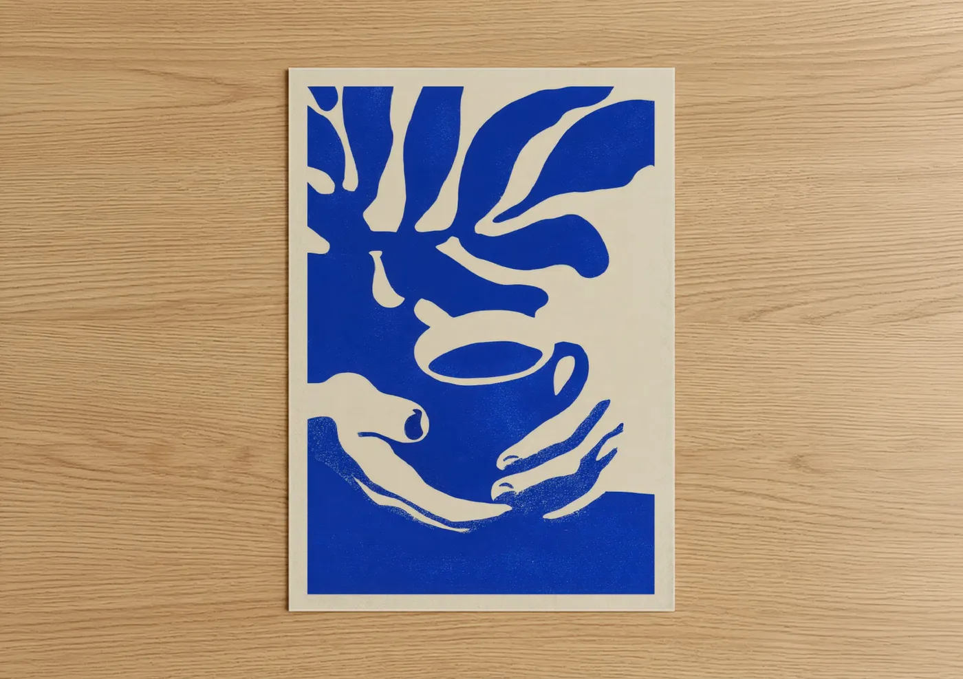 Art print on warm oak wood — blue and cream palette — Blue Coffee Hands poster