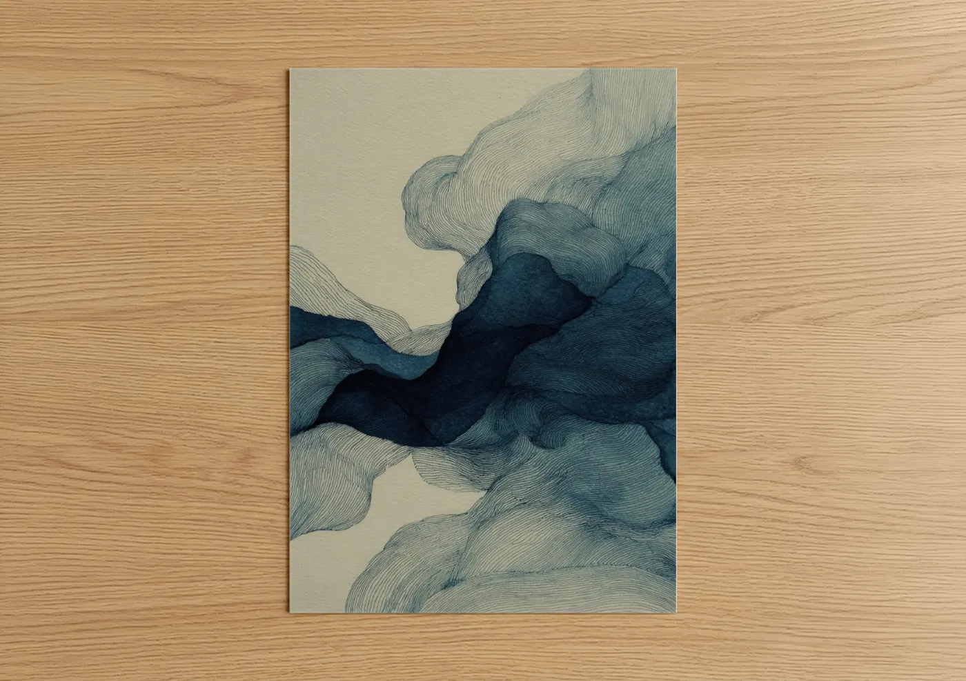 Jiu jutsu art print on warm oak wood — blue and cream palette — Flowing Movement poster