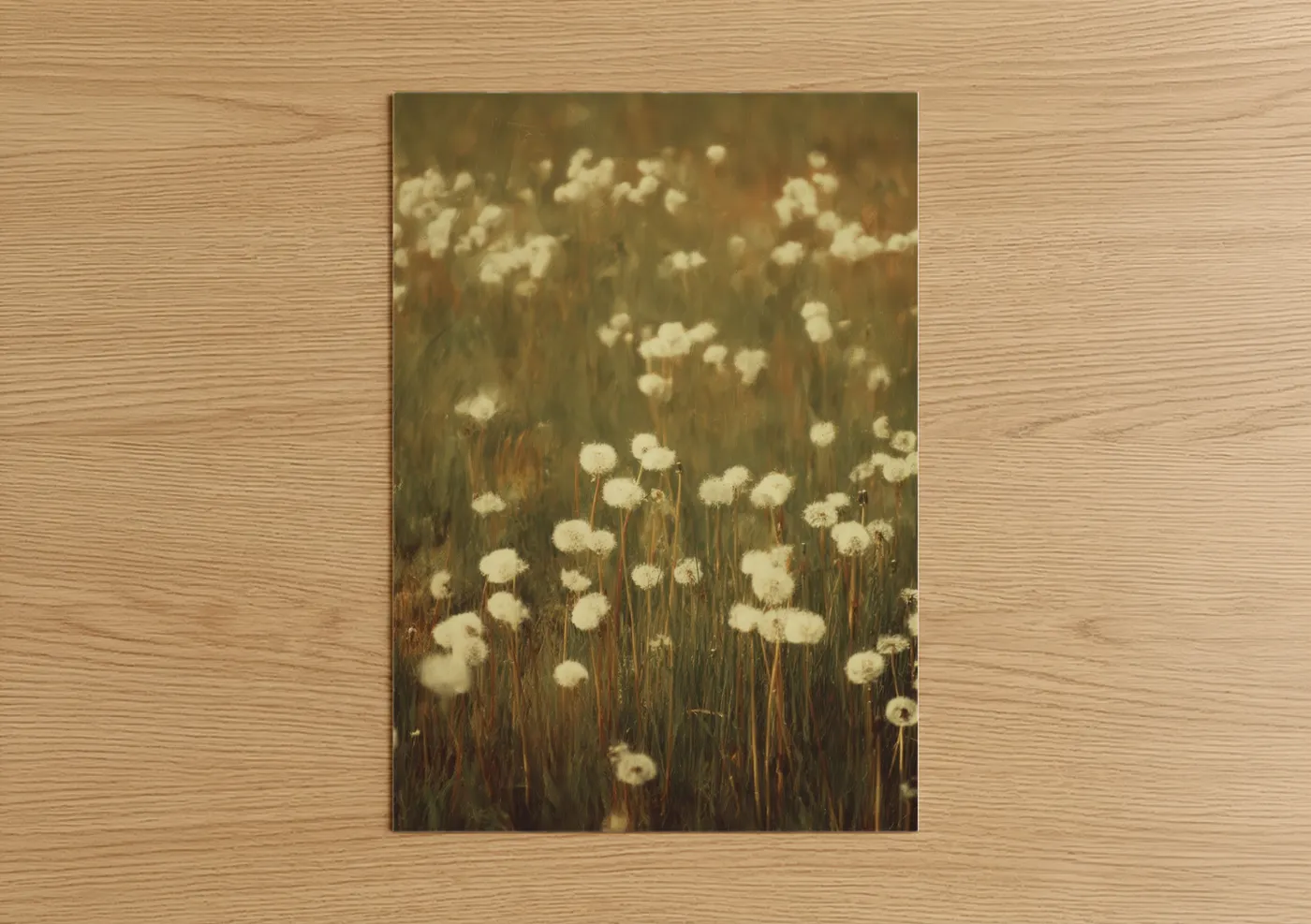 Art print on warm oak wood — gold and cream palette — Rustic Dandelion Field poster