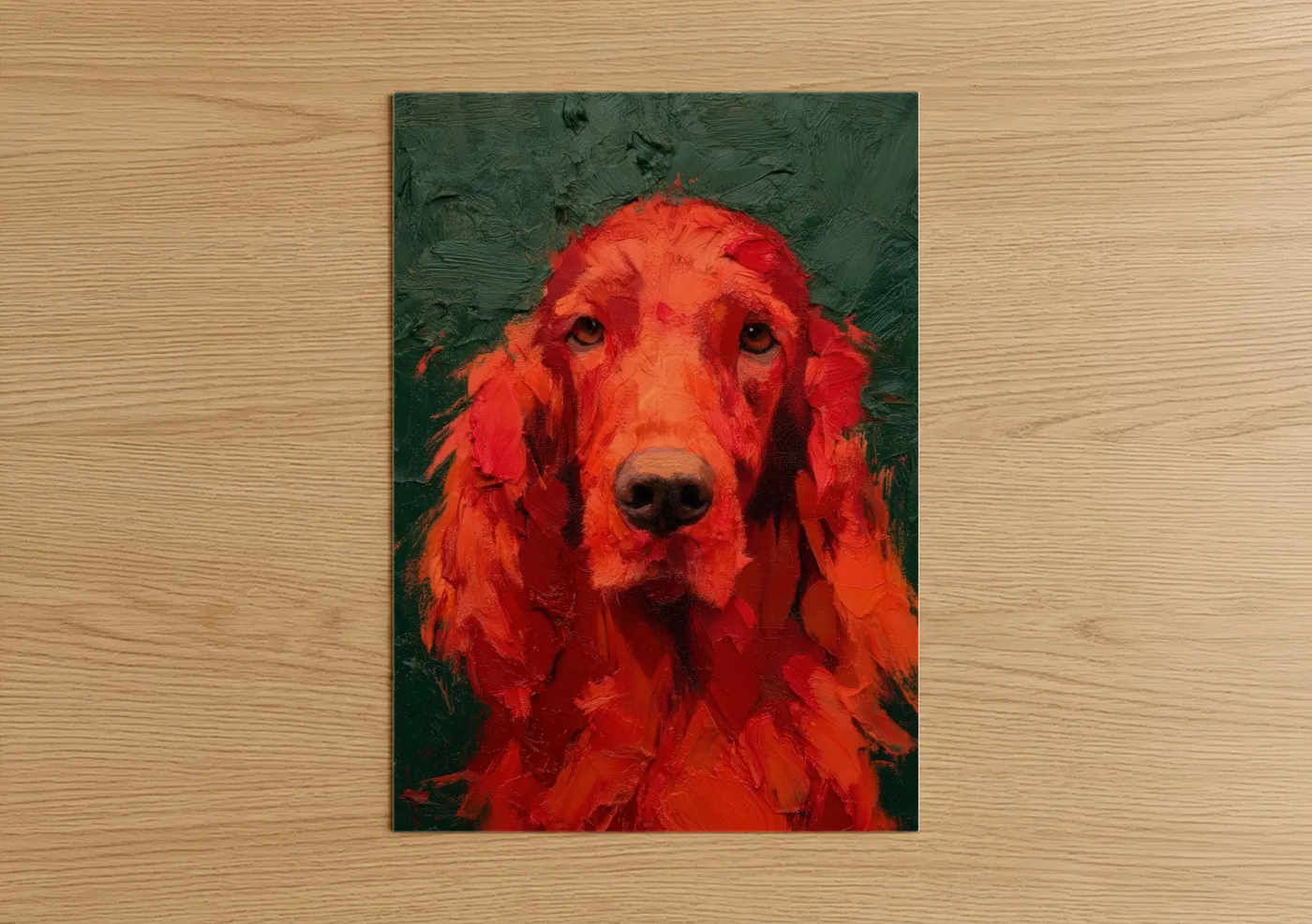 Art print on warm oak wood — red and dark green palette — Crimson Setter Portrait poster