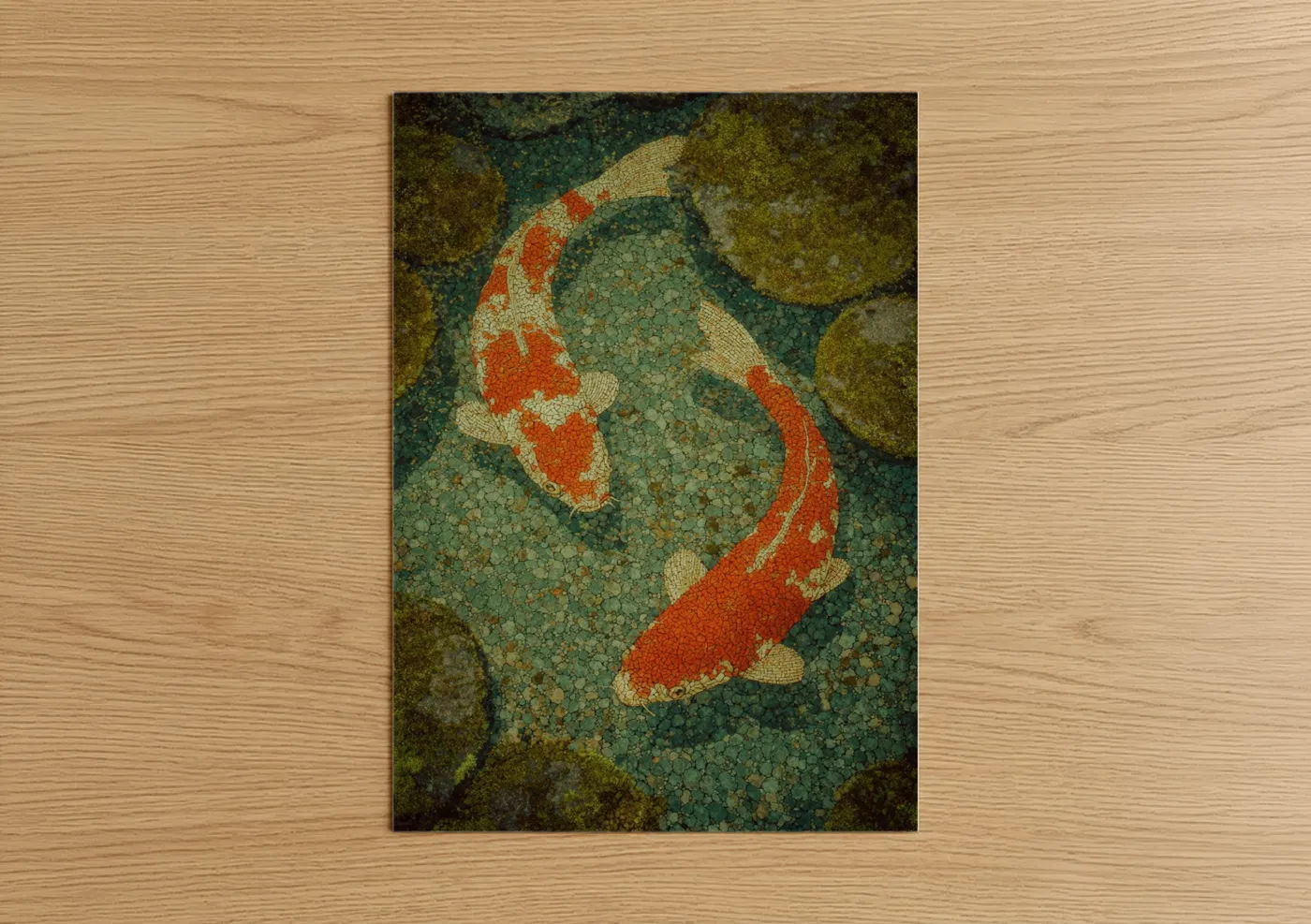 Koi fish art print on warm oak wood — teal and red palette — Crimson Koi Mosaic poster