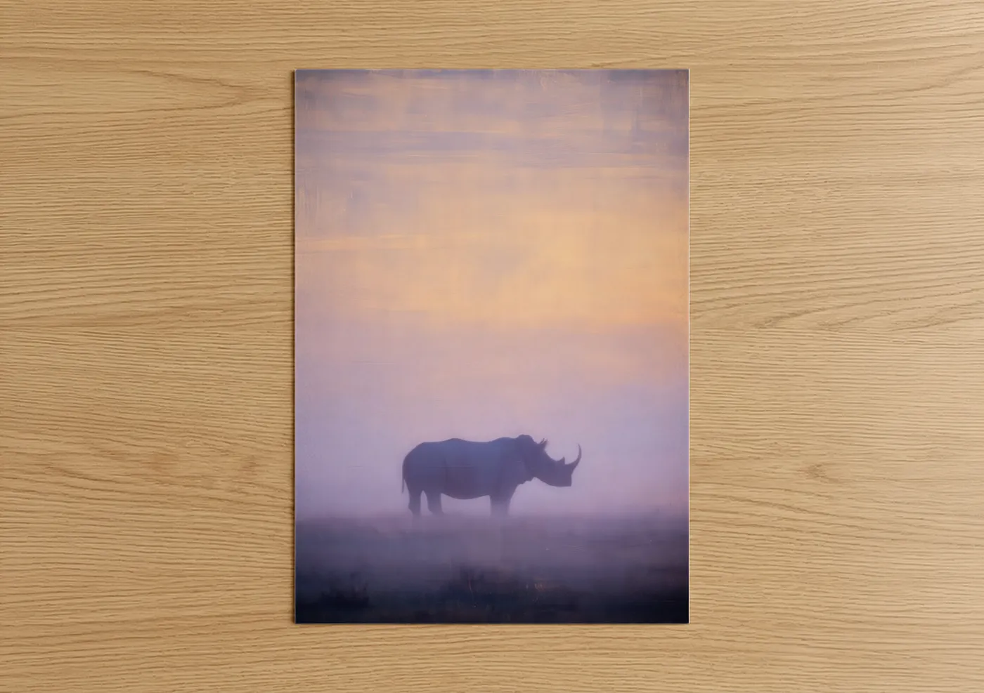 Art print on warm oak wood — peach and lavender palette — Misty Rhino poster