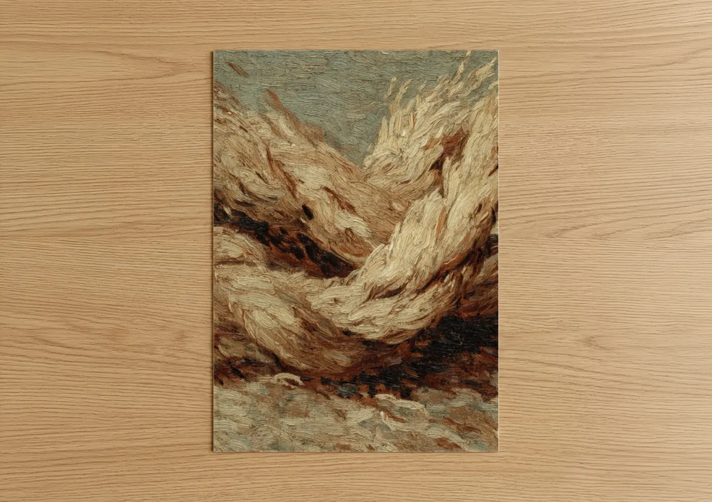 Rope knots art print on warm oak wood — brown and cream palette — Textured Rope Study poster