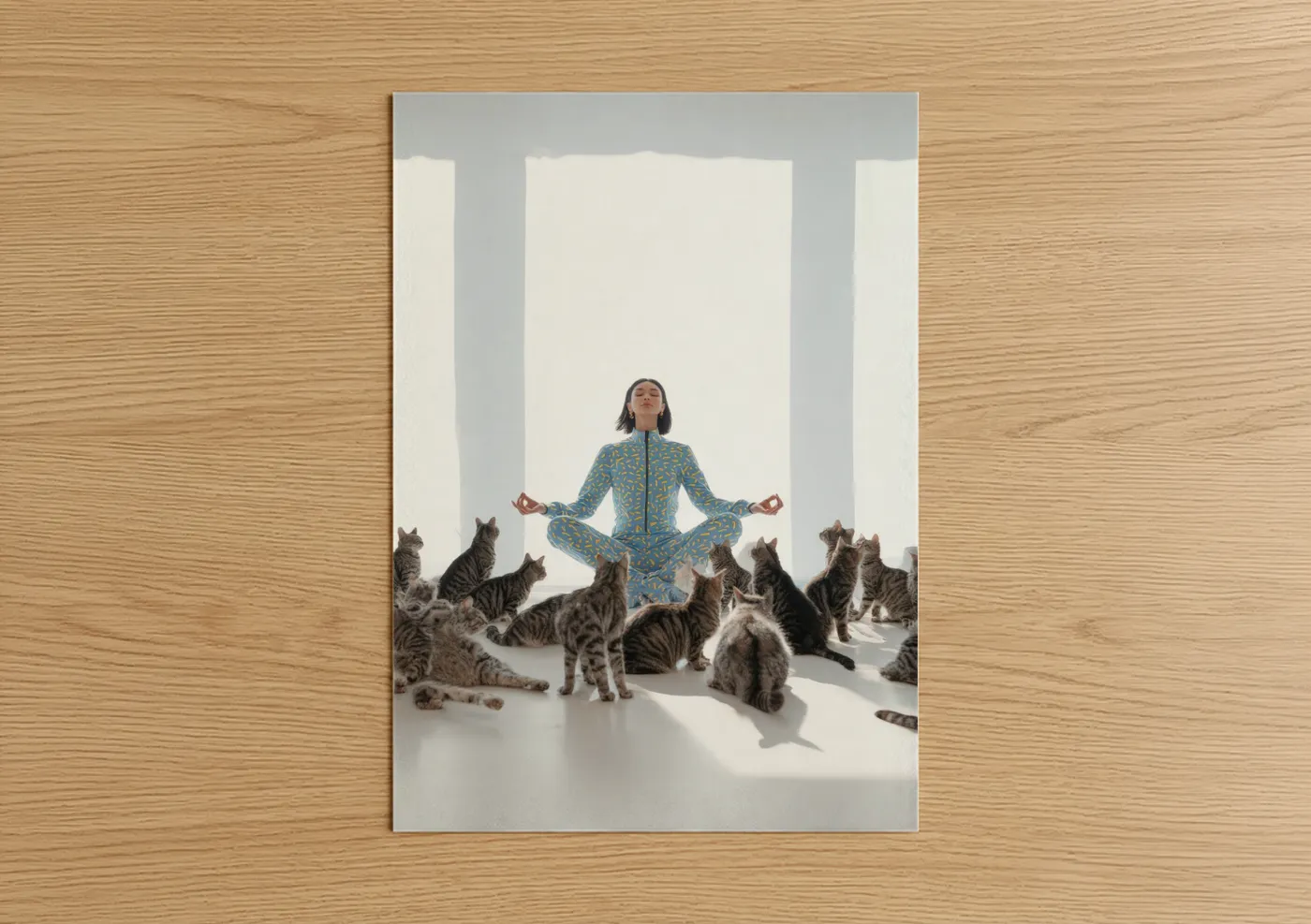 Woman Meditating with Cats Fashion Photography Wall Art
