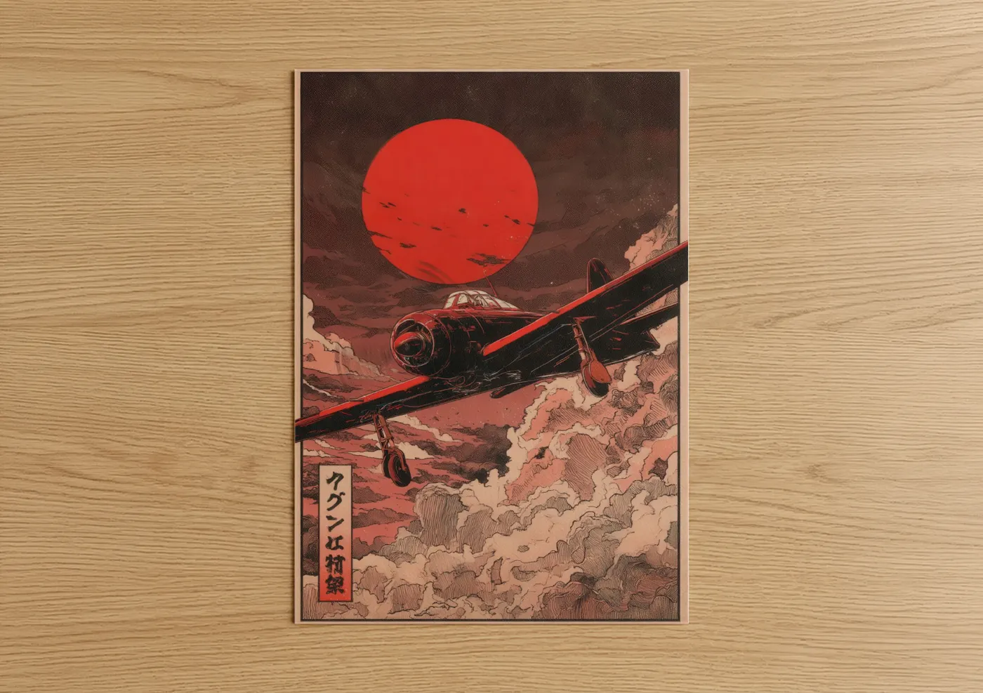 Vintage Airplane Red Sun Japanese Wall Art